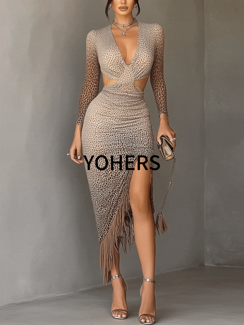 Brązowa Sukienka Bodycon z Gradientowym Wydrukiem Lamparta i Wycięciami