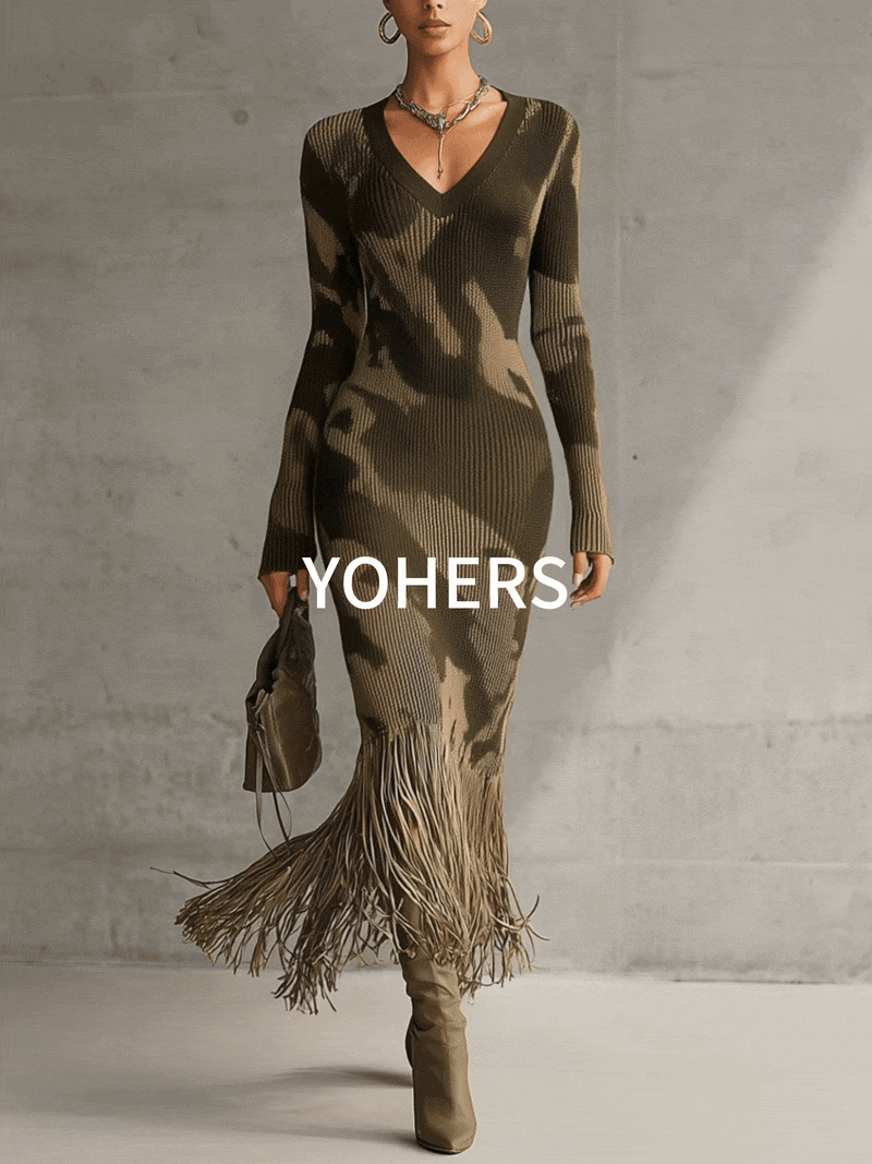 Sukienka bodycon z dekoltem w serek i frędzlami Yohers Olive Camo Knit
