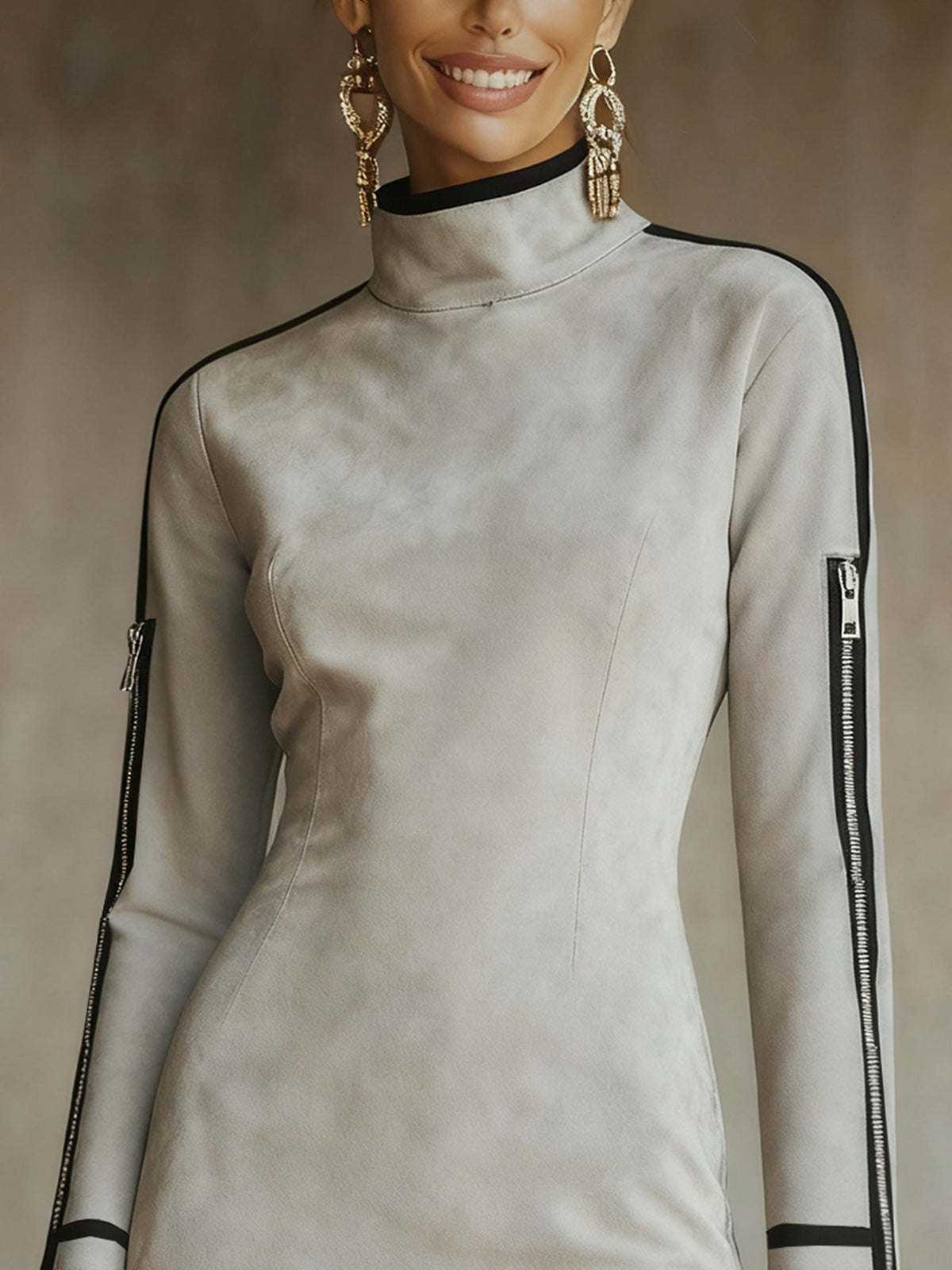 Sukienka mini z szarego sztucznego zamszu z dekoltem typu mock neck i detalami na rękawach z zamkiem, wysyłka w 24 godziny