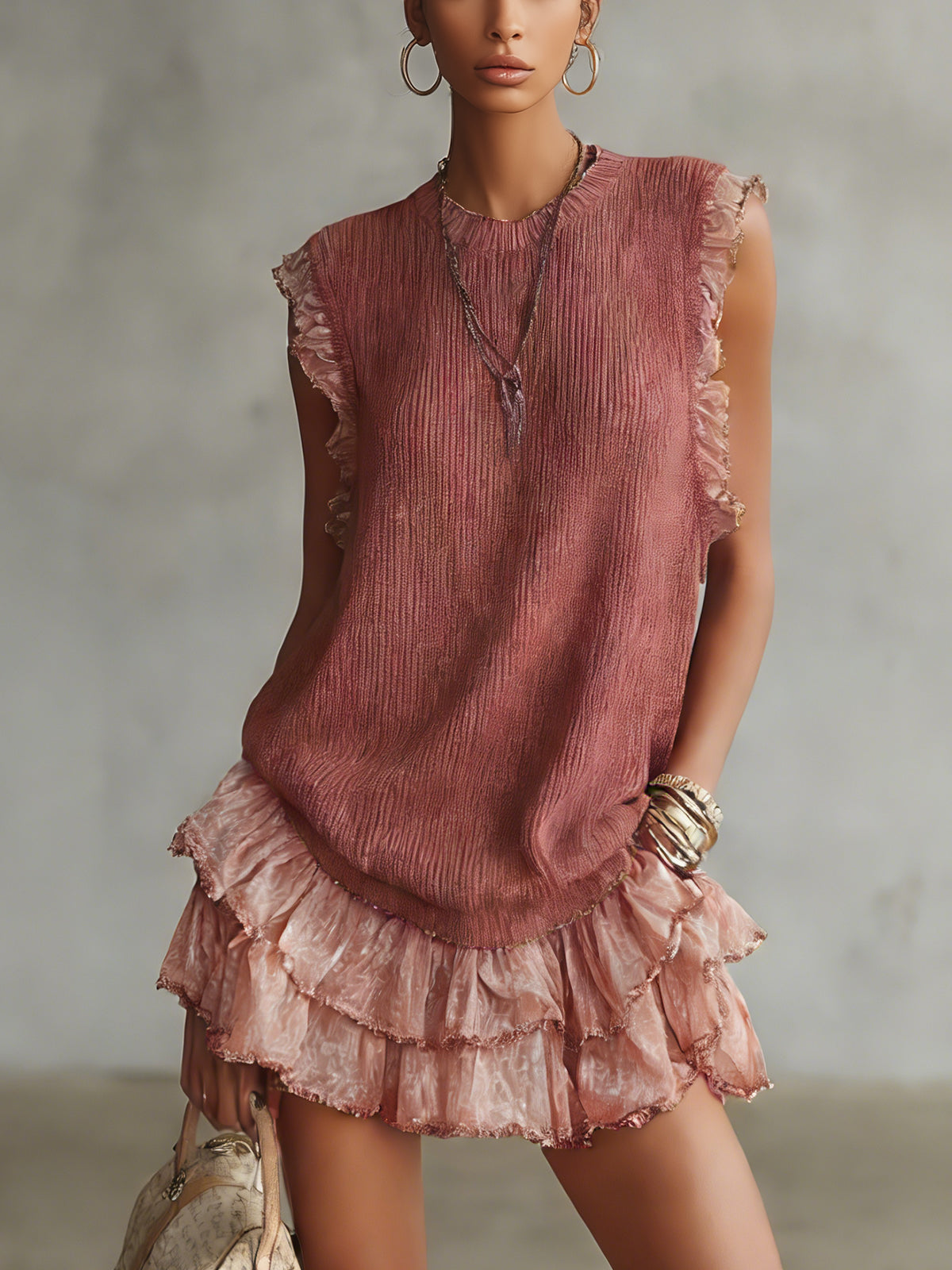 Red Ruffle Trim Sleeveless Knit Mini Dress