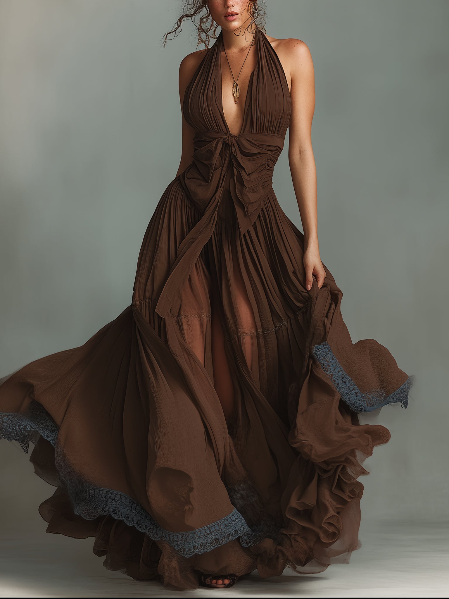 Chocolate Chiffon Lace Trim Maxi Dress