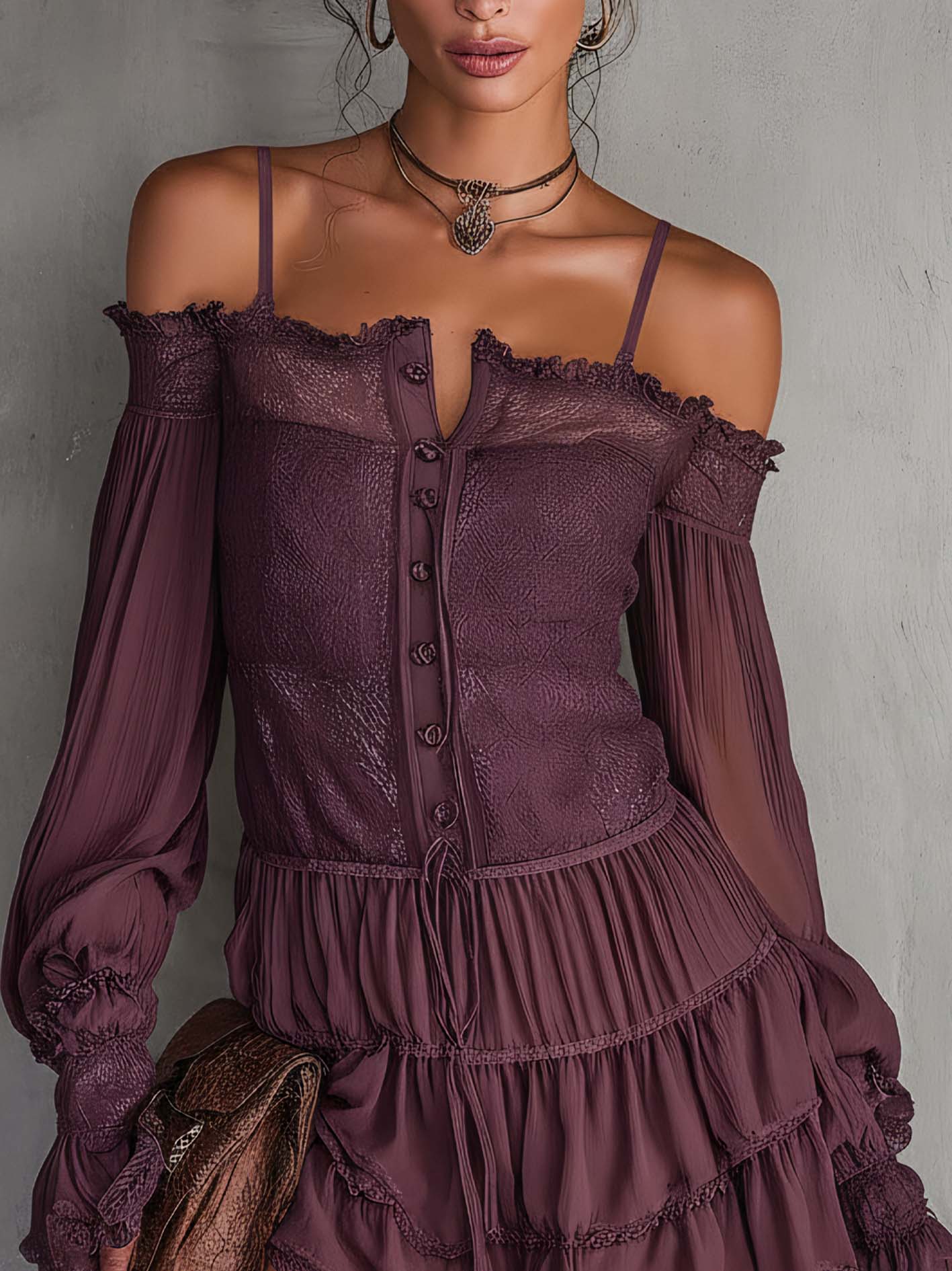 Rose Purple Chiffon Spaghetti Strap Ruffled Patchwork Mini Dress