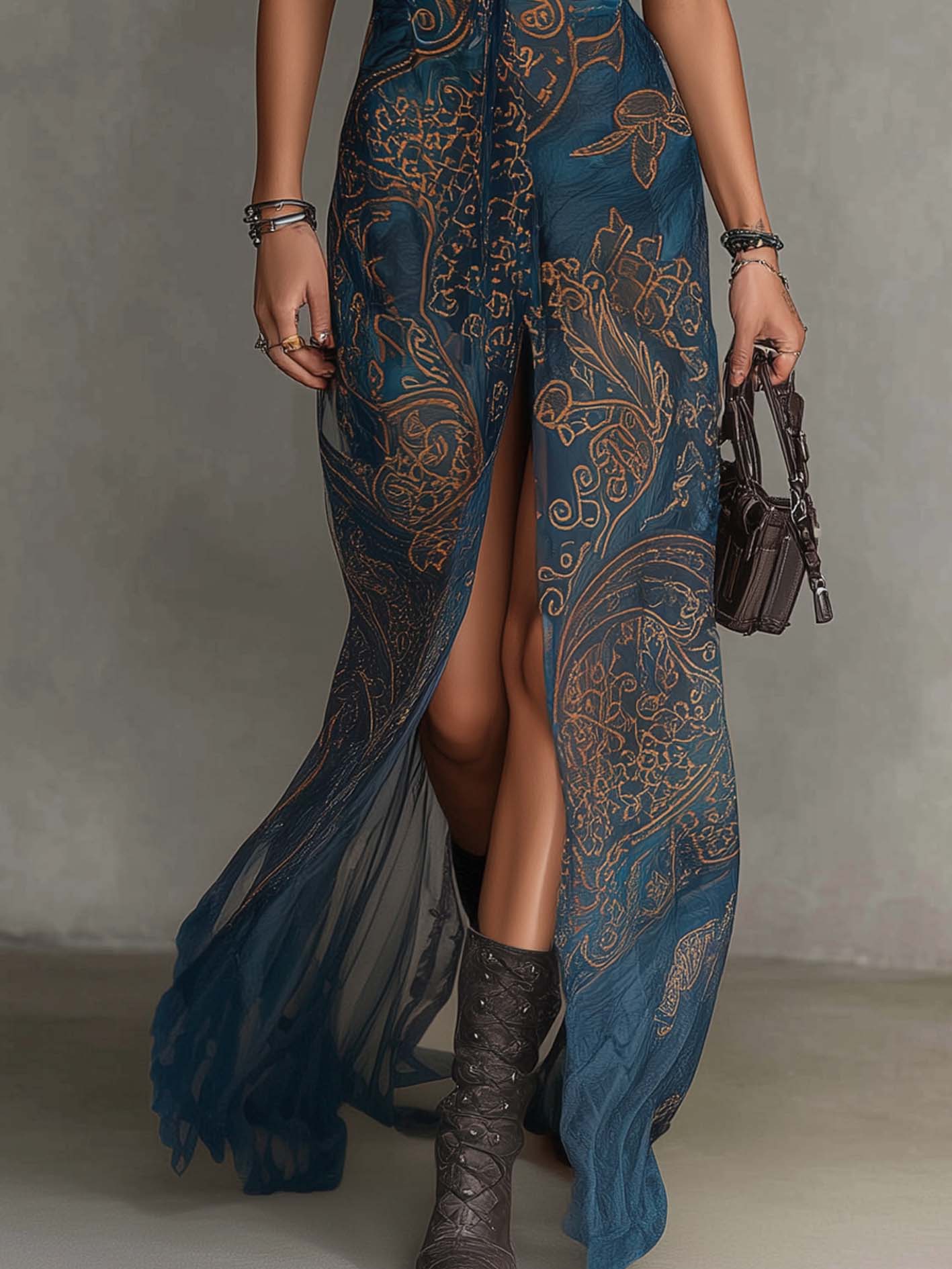 Deep Teal Vintage Paisley Print Lace Trim Chiffon Maxi Dress