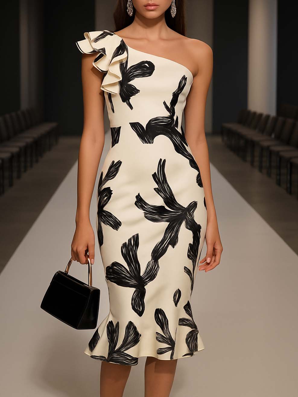 Beżowa Midi Sukienka Bodycon z Odkrytymi Ramionami i Eleganckim Czarnym Wzorem