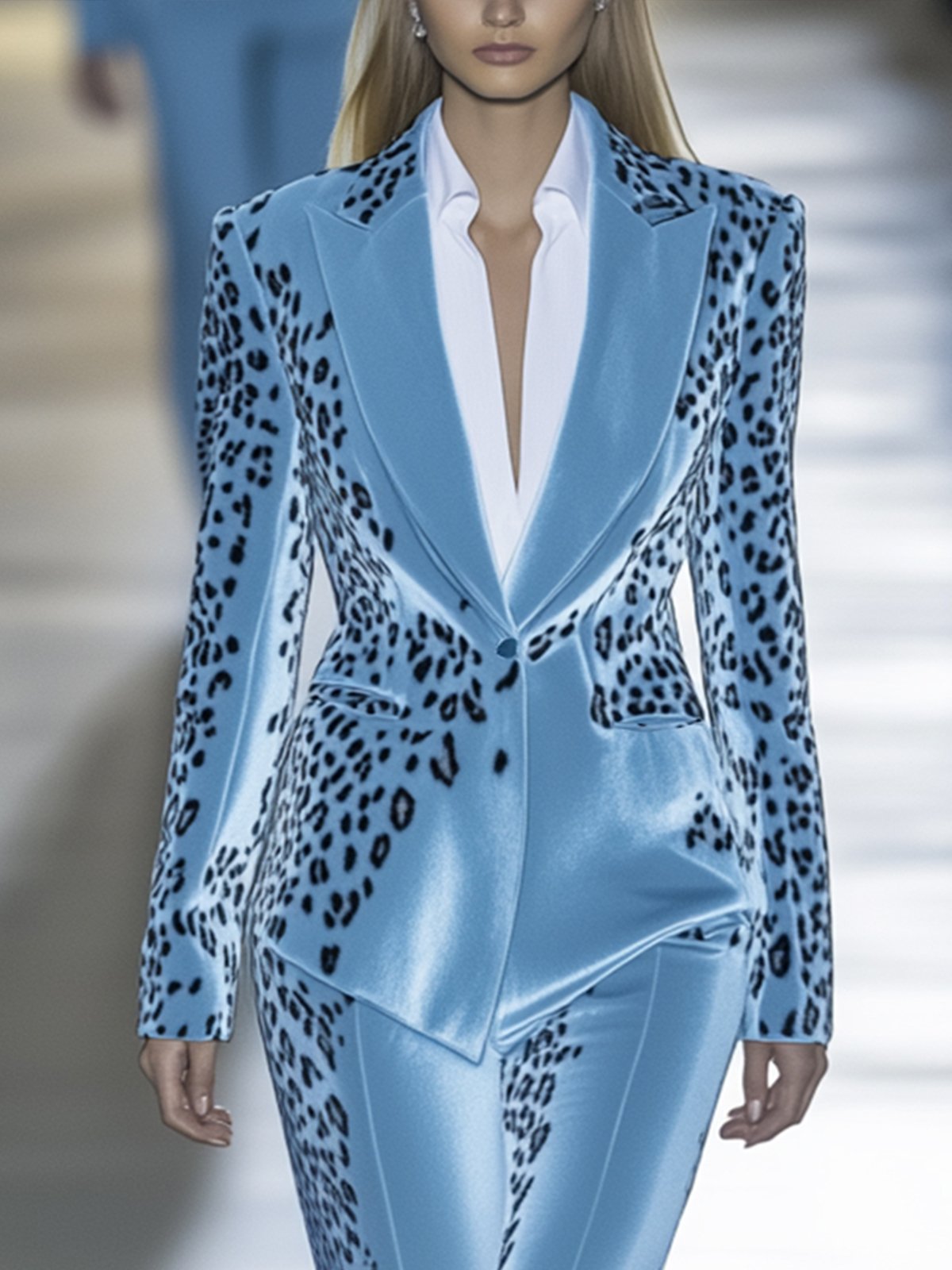Blazer w kolorze niebieskiego nieba z weluru w leopardzie, wysyłka w 24 godziny