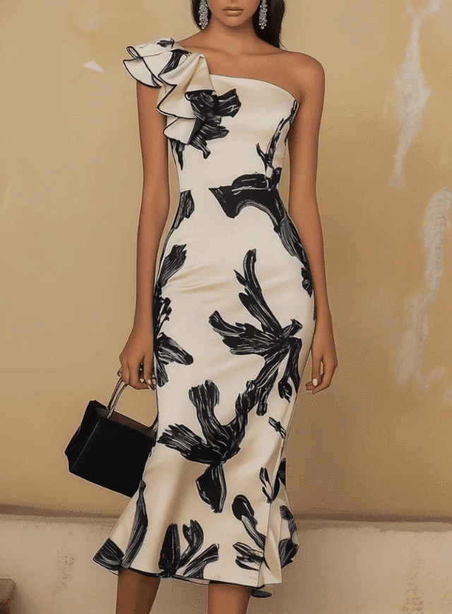 Beżowa Midi Sukienka Bodycon z Odkrytymi Ramionami i Eleganckim Czarnym Wzorem
