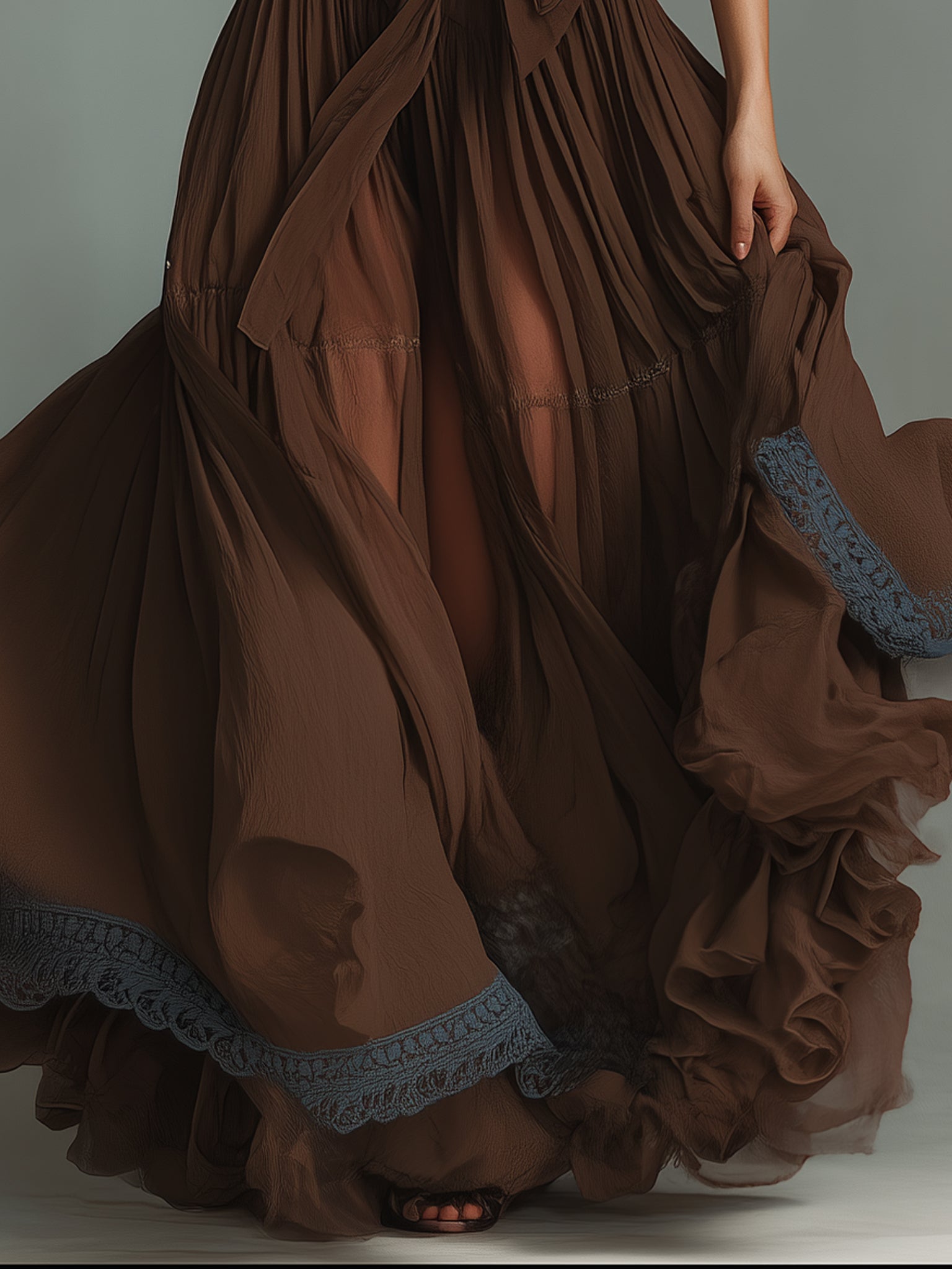 Chocolate Chiffon Lace Trim Maxi Dress