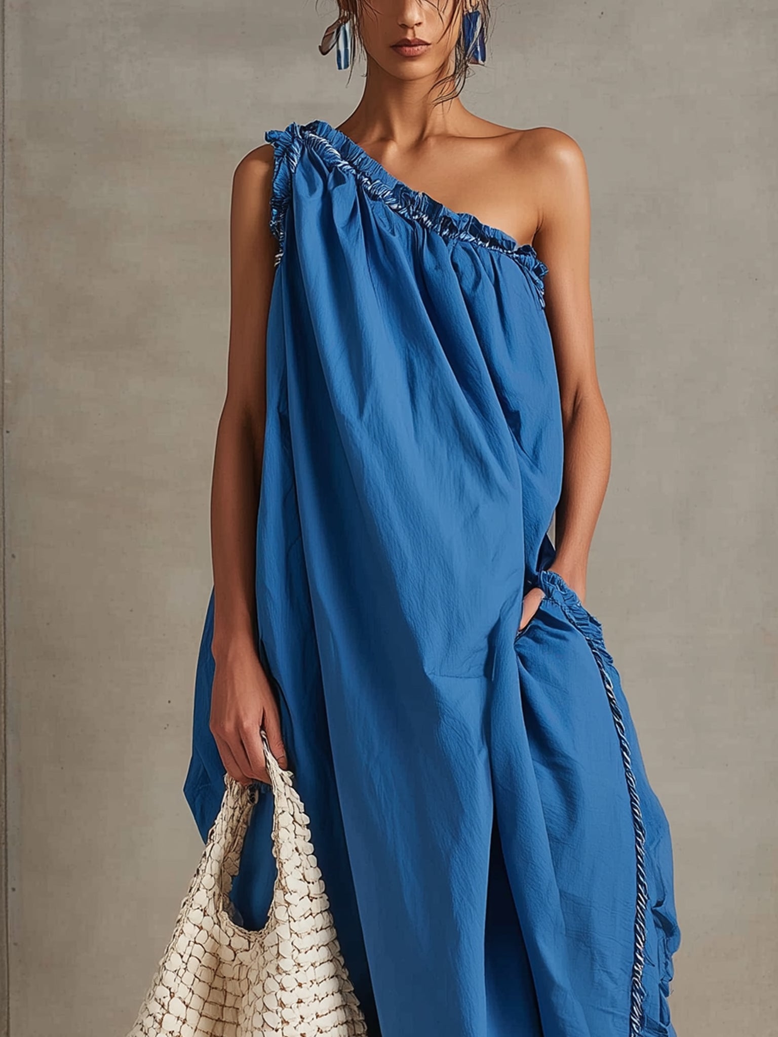 Blue Sleeveless Cotton Ruffle Split Maxi Dress