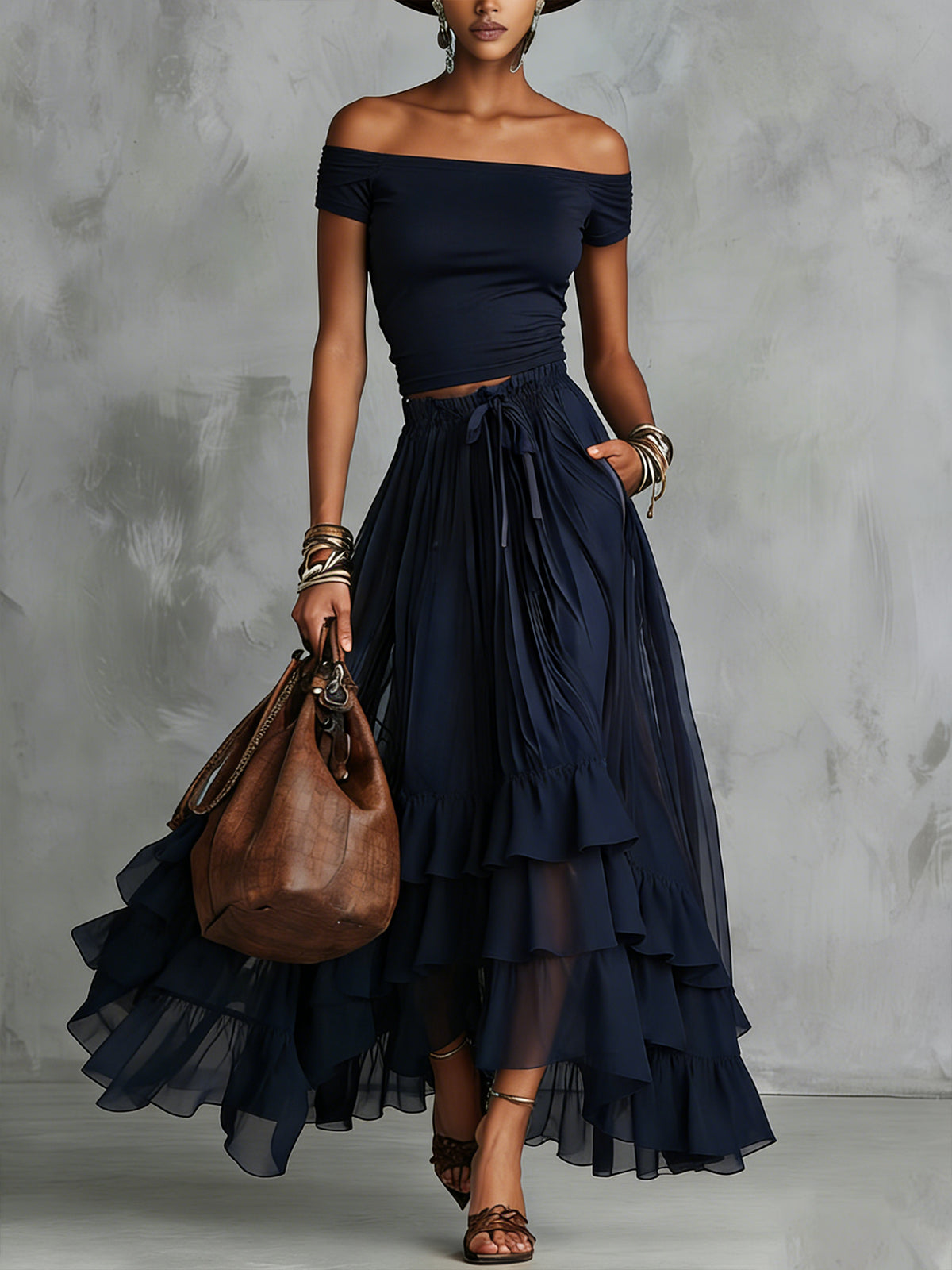 Navy Off-Shoulder Crop Top And Tiered Ruffle Chiffon Maxi Skirt Set