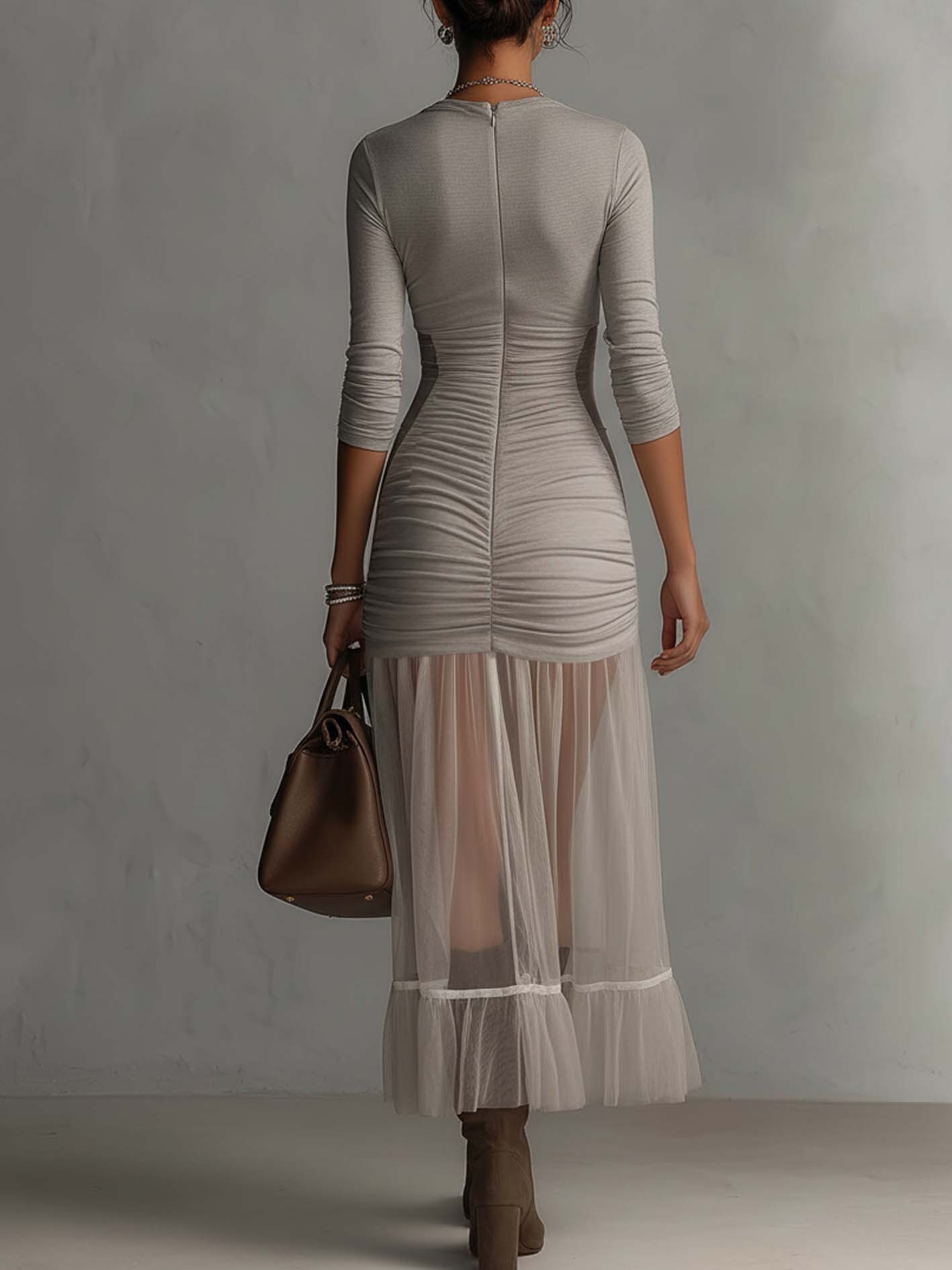 Gray Colorblock Mesh Hem Bodycon Dress