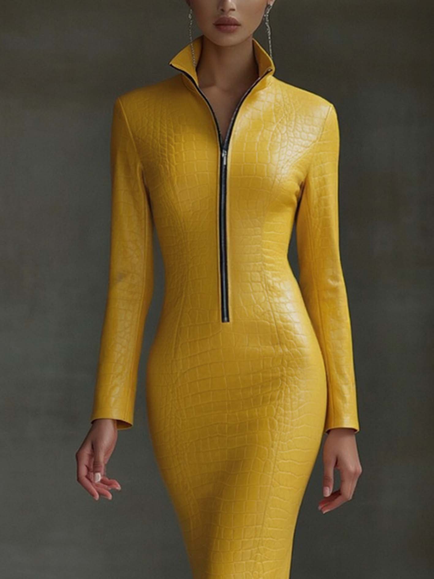 Stylowa Żółta Teksturowana Sztuczna Skórzana Sukienka Midi Bodycon z Zamkiem