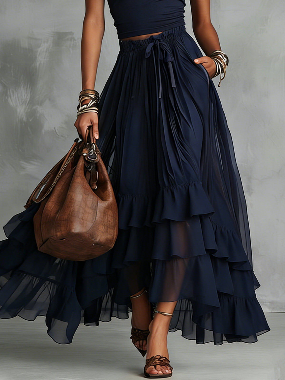 Navy Off-Shoulder Crop Top And Tiered Ruffle Chiffon Maxi Skirt Set