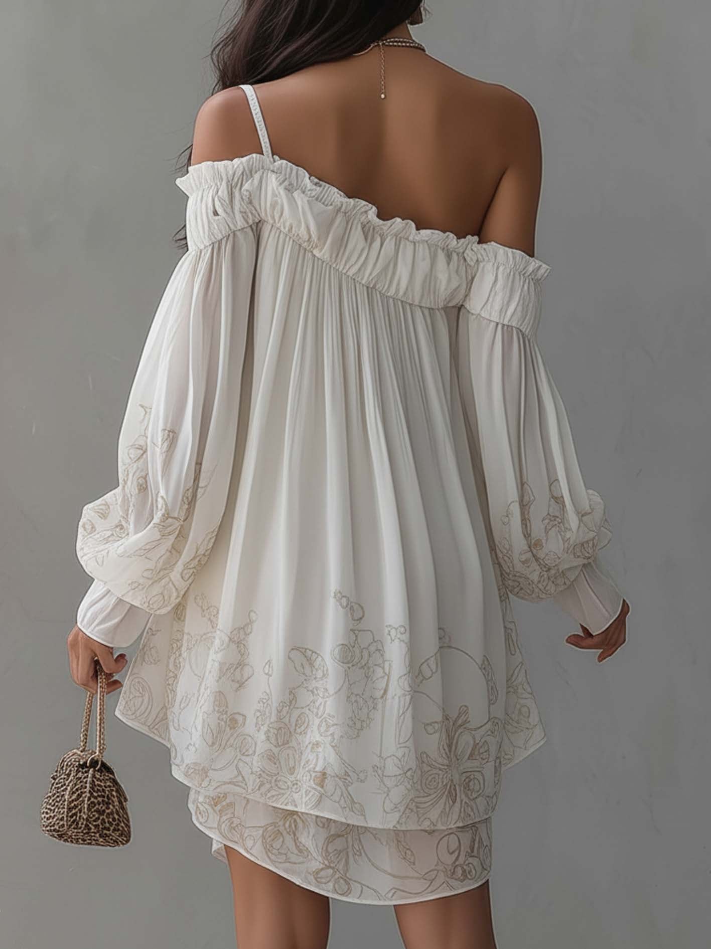 White Paisley Vintage Print One Shoulder Chiffon Mini Dress
