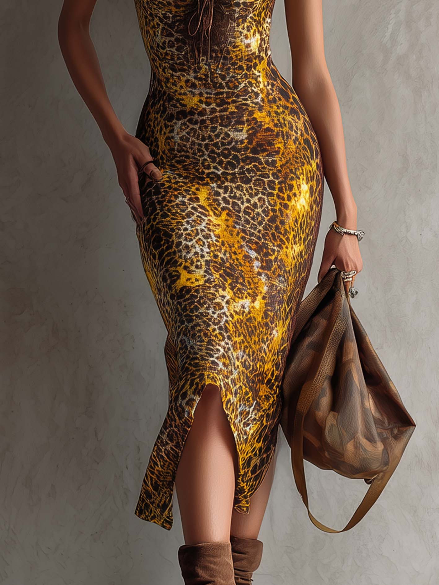 Żółta sukienka bodycon w panterkę z brązowymi koronkowymi rękawami" can be rewritten as:

"Żółta sukienka bodycon w panterkę z koronkowymi brązowymi rękawami