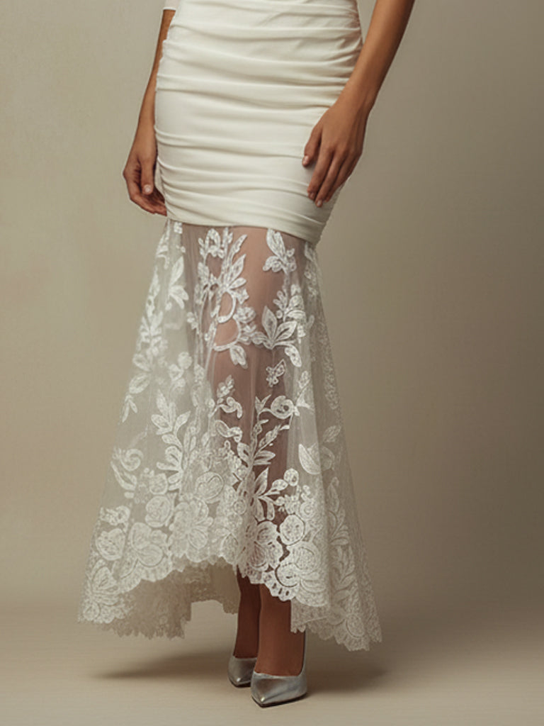 White Chiffon Asymmetric Lace Fishtail Bodycon Dress
