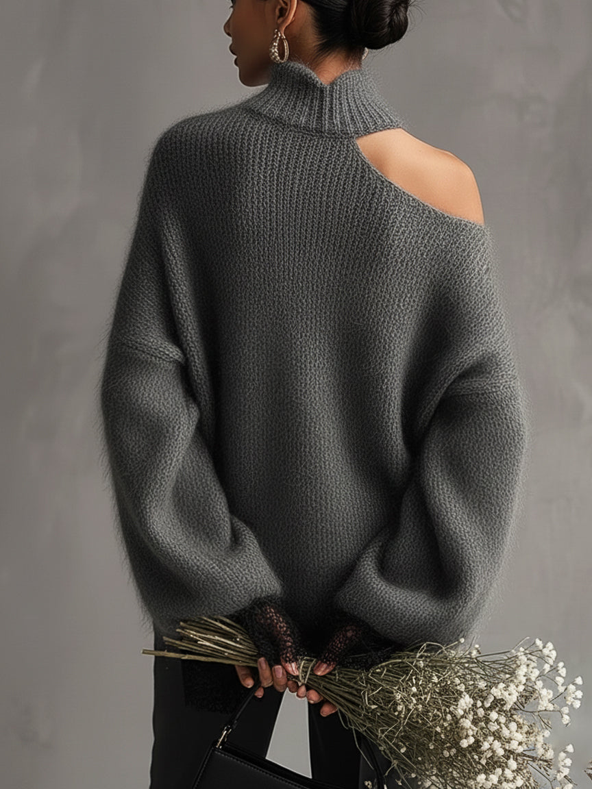 Elegancki szary sweter moherowy z delikatnymi koronkowymi mankietami