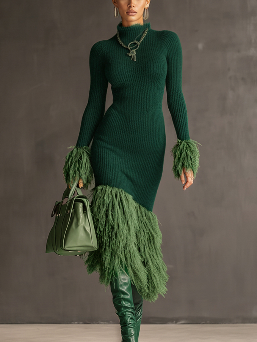 Emerald Green Bodycon Dress with Eco-Friendly Fur and Long Sleeves - 24-Hour Shipping