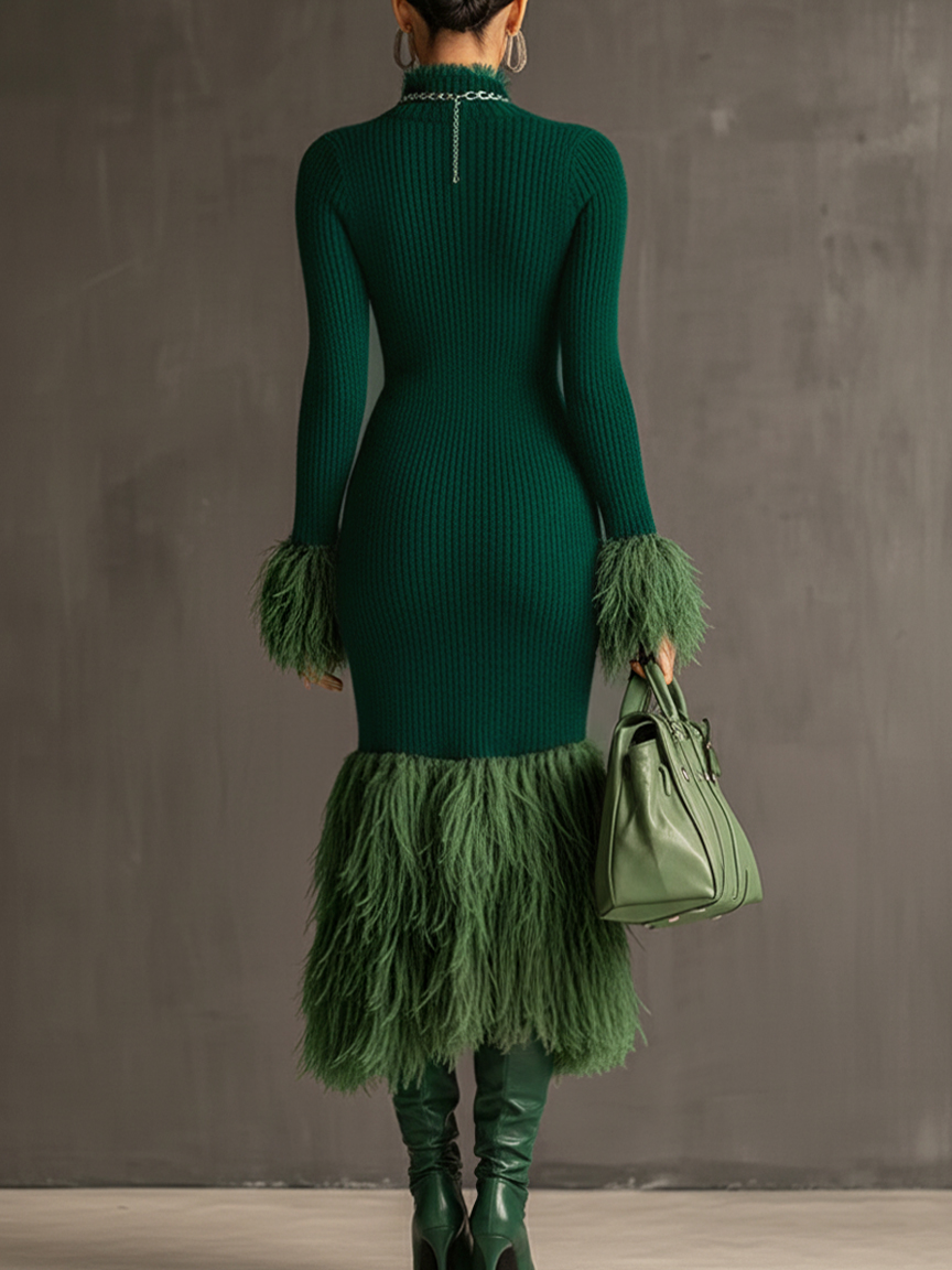 Emerald Green Bodycon Dress with Eco-Friendly Fur and Long Sleeves - 24-Hour Shipping