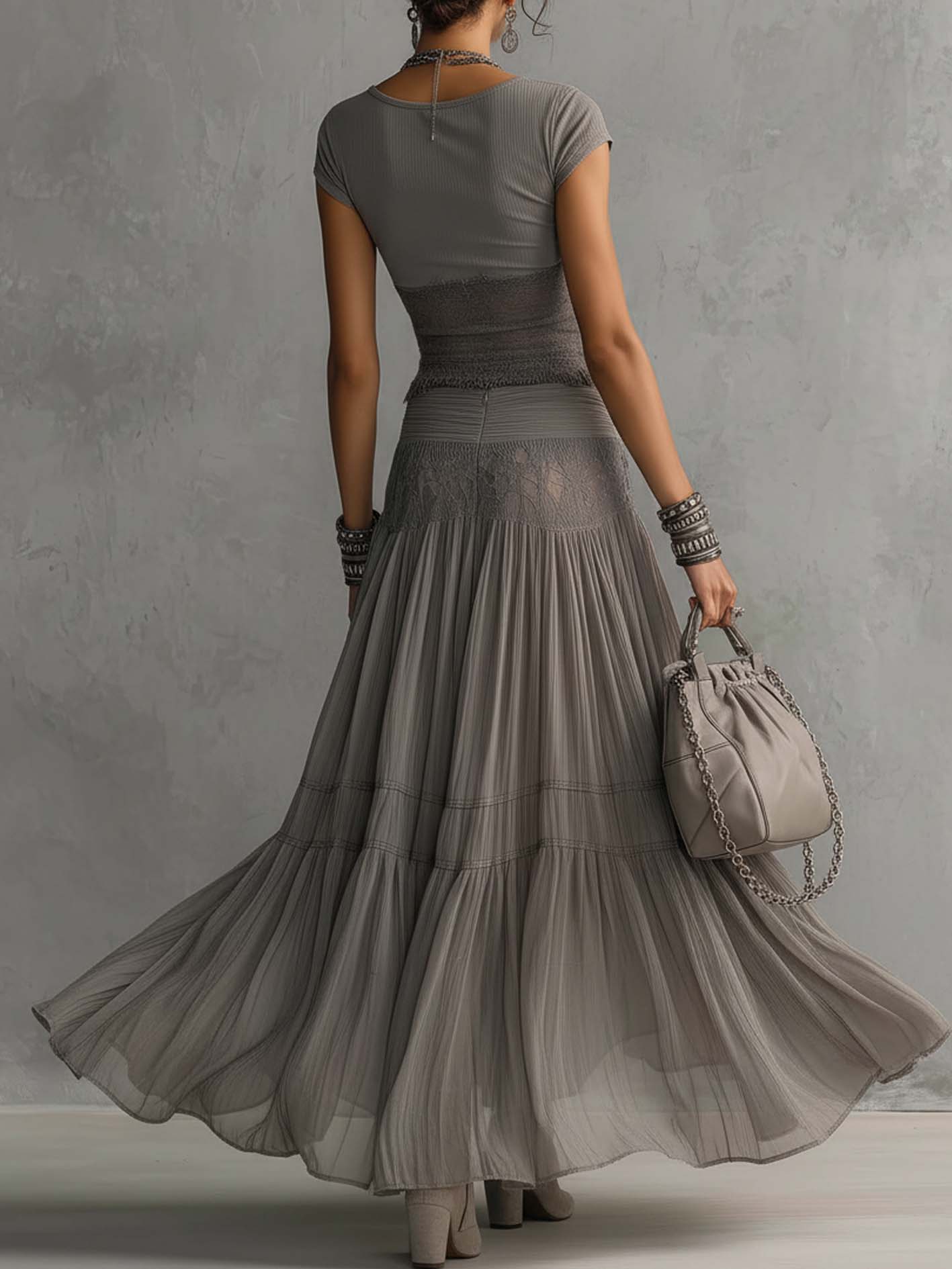Gray Lace Patchwork Top And Pleated Maxi Skirt Set