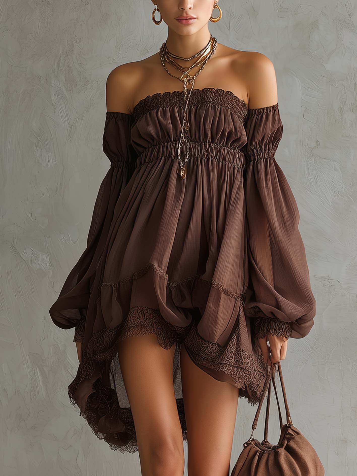Brown Off Shoulder Lace Chiffon Mini Dress
