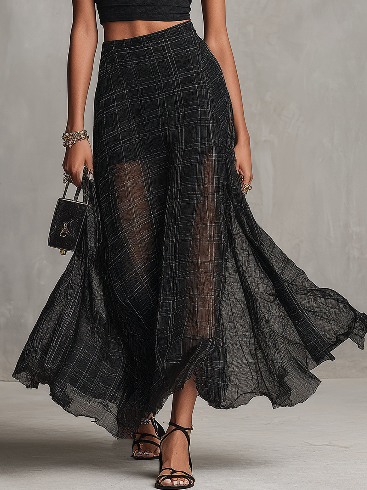 Black Crop Top And Sheer Plaid Chiffon Maxi Skirt Set