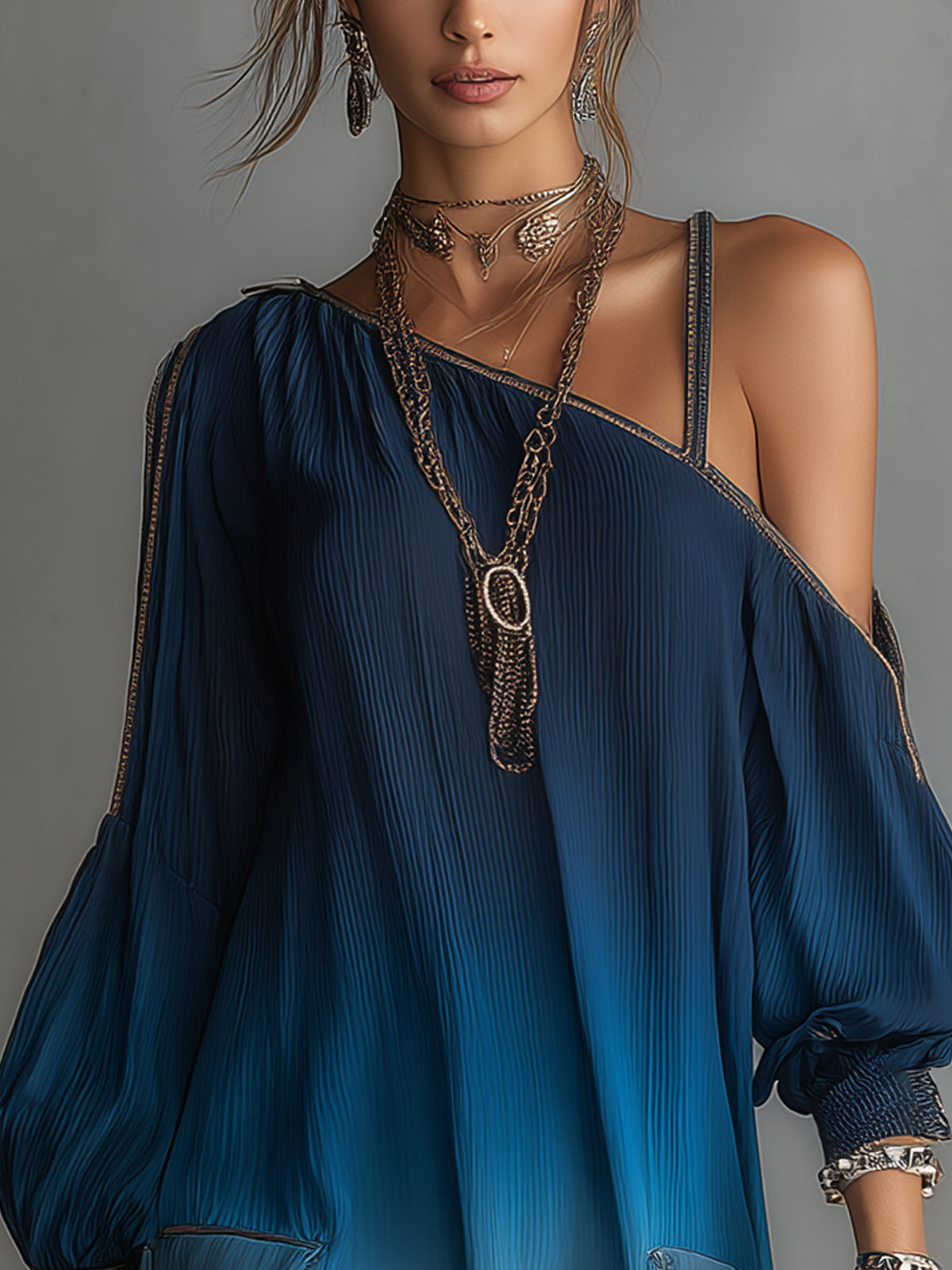 Blue Ombre Pleated One-Shoulder Balloon Sleeve Mini Dress