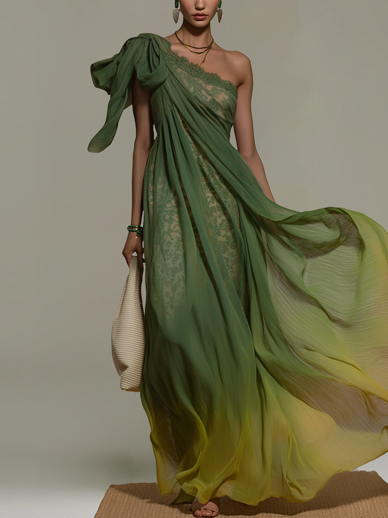 Maxi Sukienka Chiffon w Szmaragdowym Kolorze z Jednym Ramiączkiem