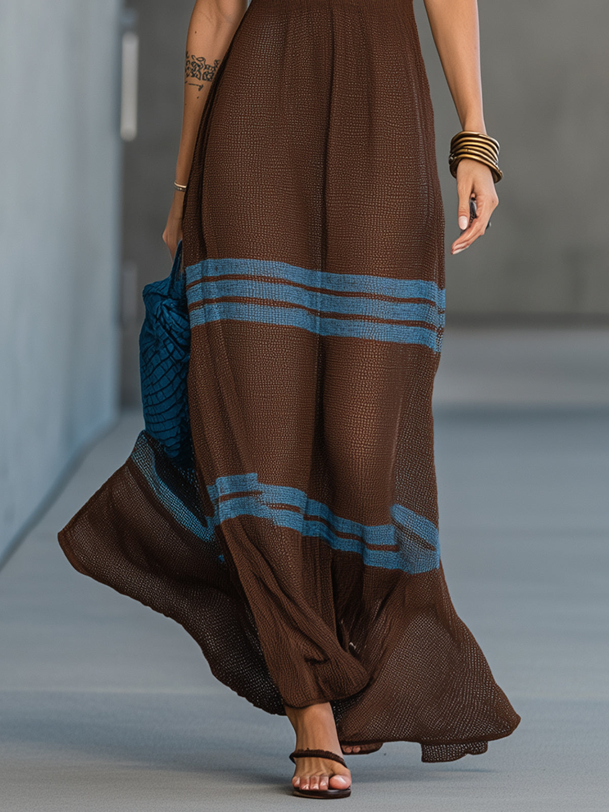 Brown Striped Knit Maxi Dress with Spaghetti Straps