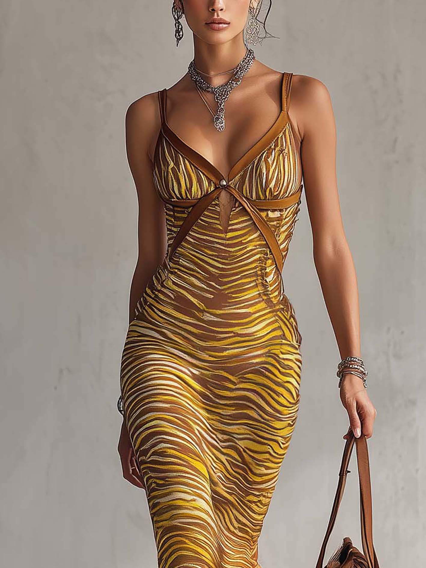 Brązowo-Żółta Sukienka Bodycon w Zebra Print z Frędzlami