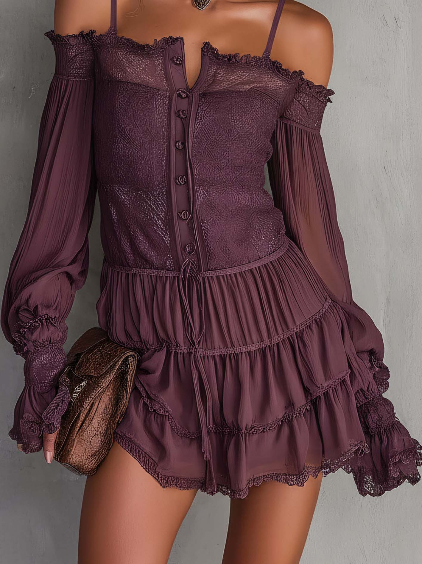 Rose Purple Chiffon Spaghetti Strap Ruffled Patchwork Mini Dress