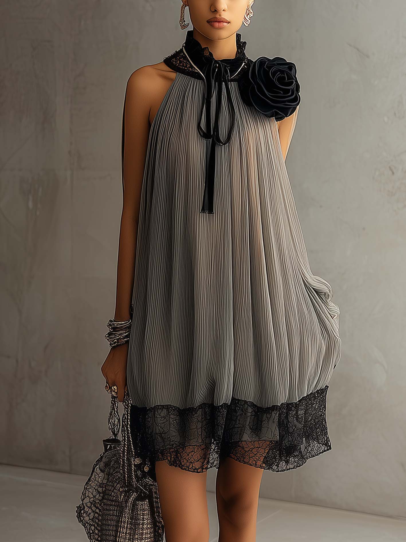 Gray Pleated Chiffon Mini Dress With Lace And 3D Floral Detail