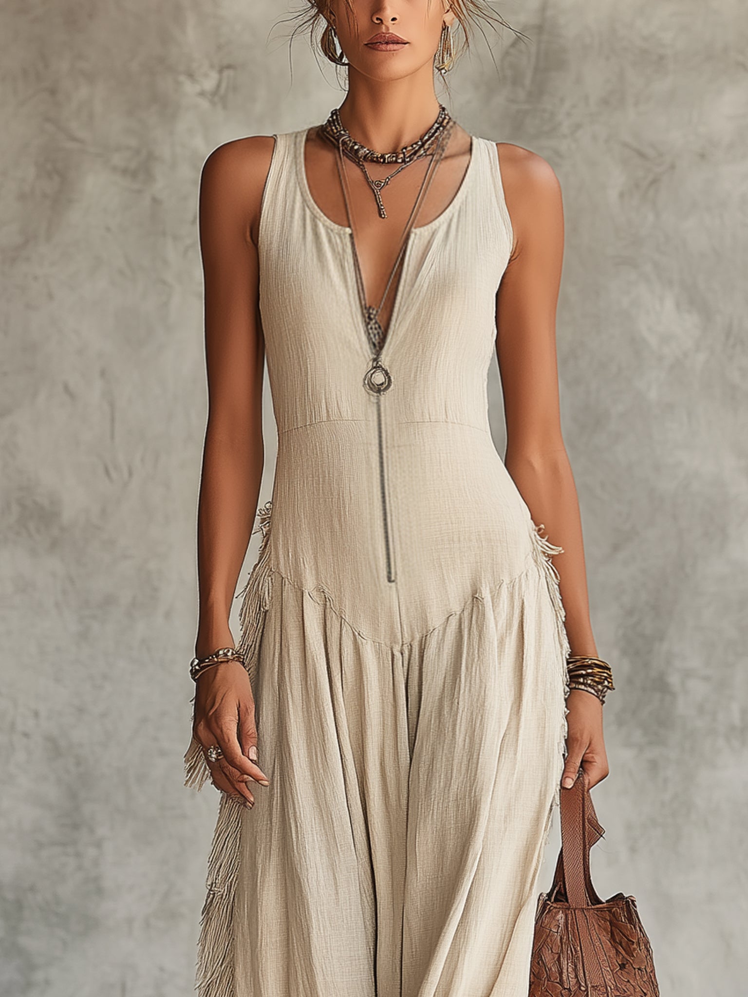 Khaki Maxi Dress with Fringes and Zipper