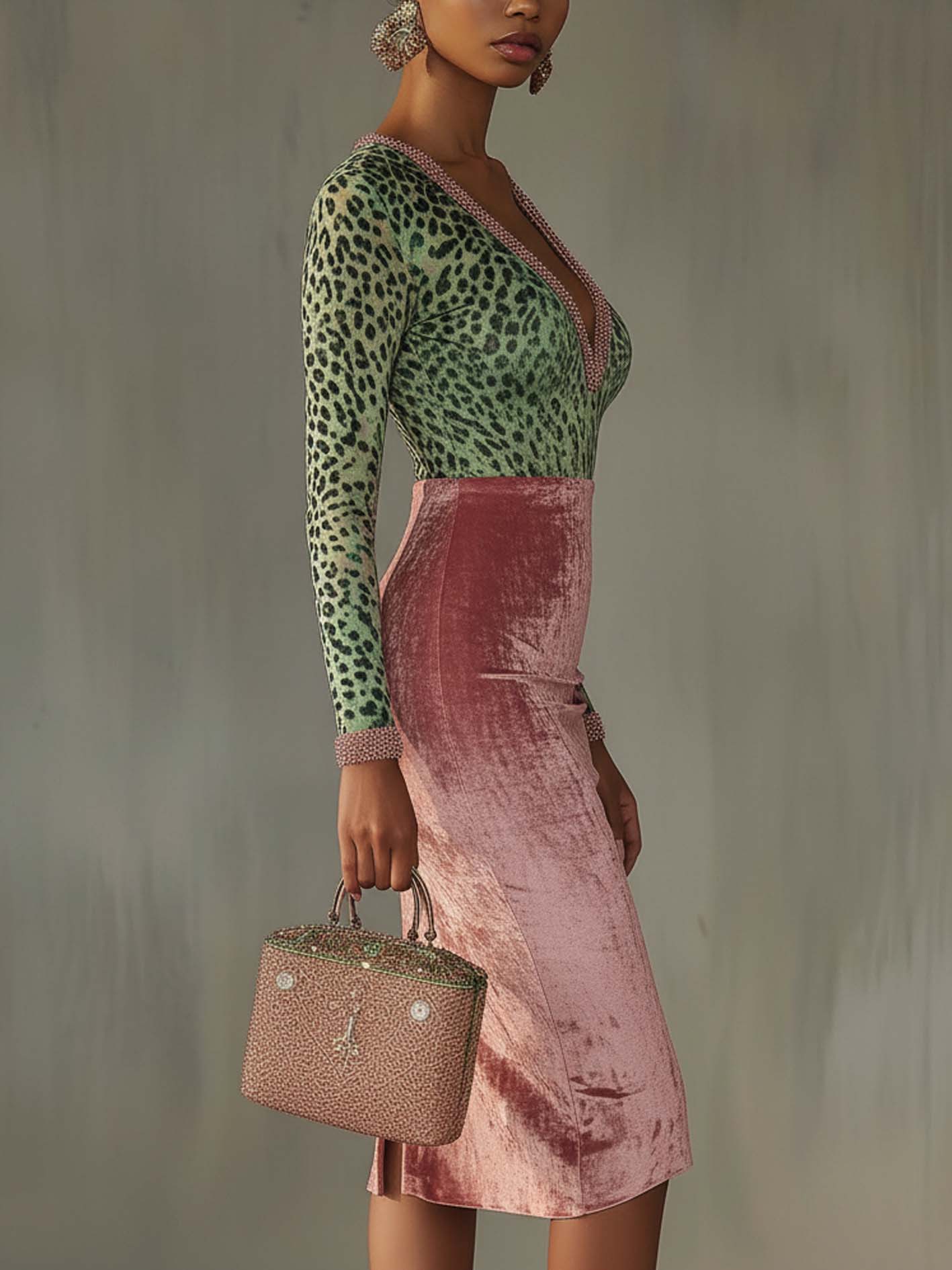 Różowa Aksamitna Sukienka Bodycon z Patchworkowym Wykończeniem i Wzorem Lamparta