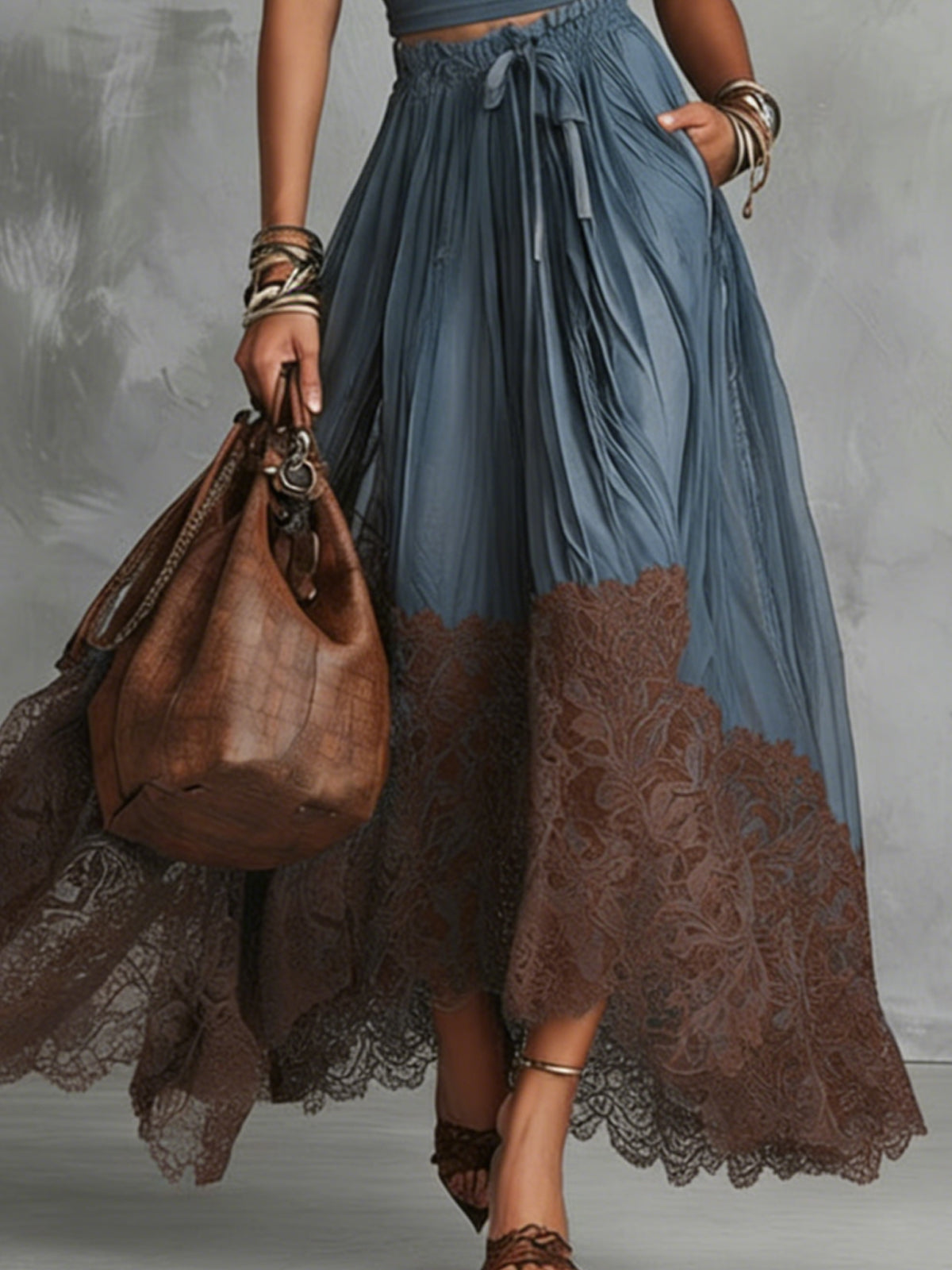 Brown Short Sleeve Shirt And Blue Lace-Trim Tulle Maxi Skirt Set