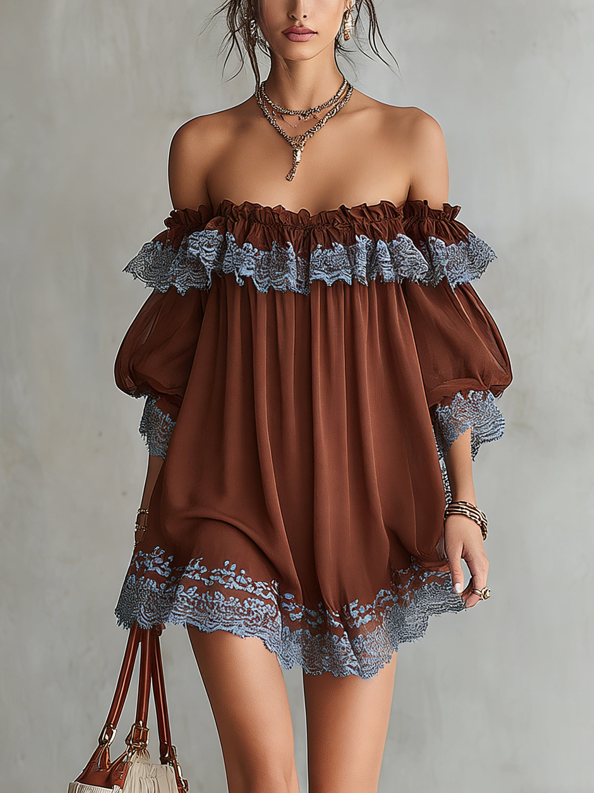 Brown Off-Shoulder Puff Sleeve Mini Dress With Blue Lace Trim