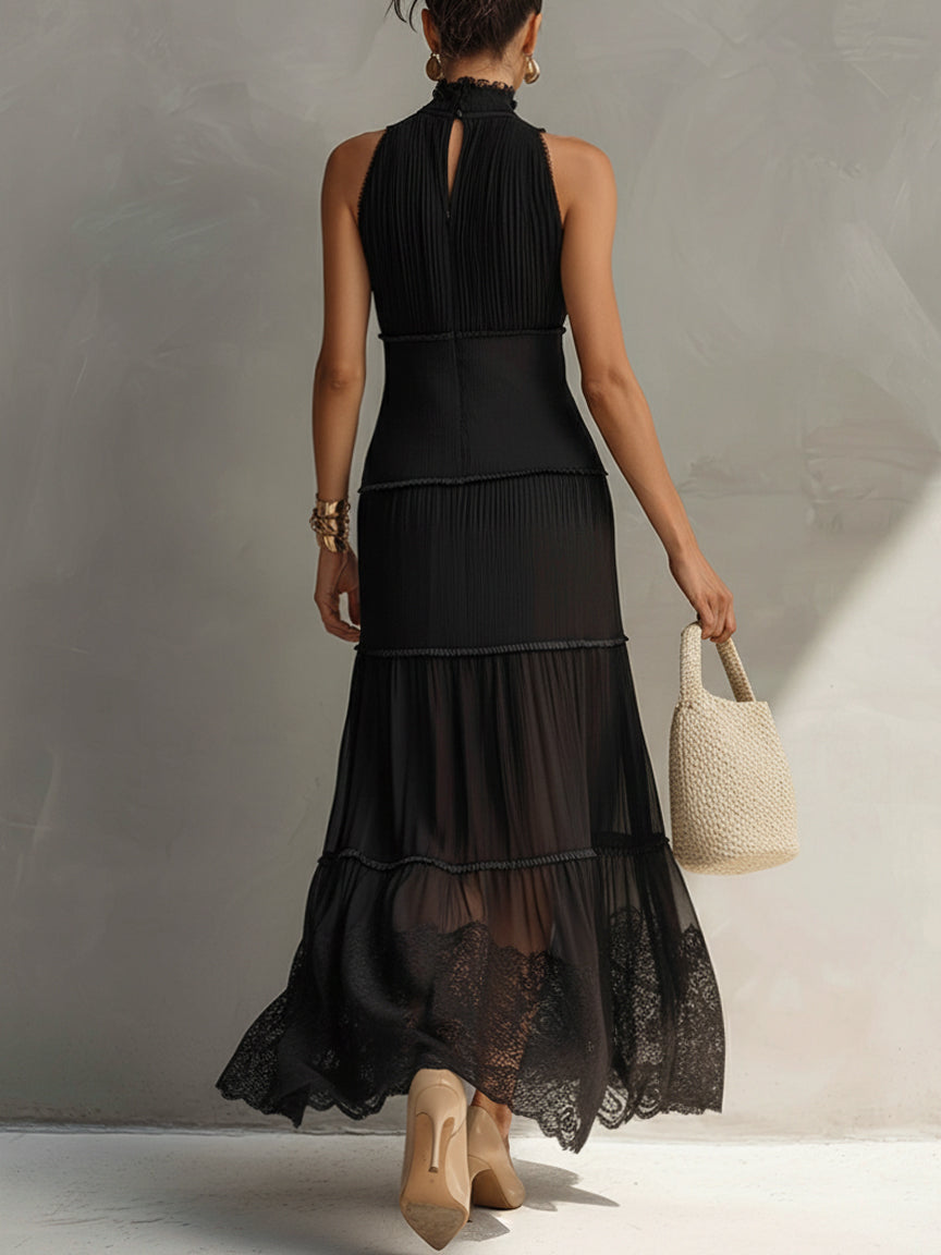 Black Sleeveless Chiffon Lace Maxi Dress