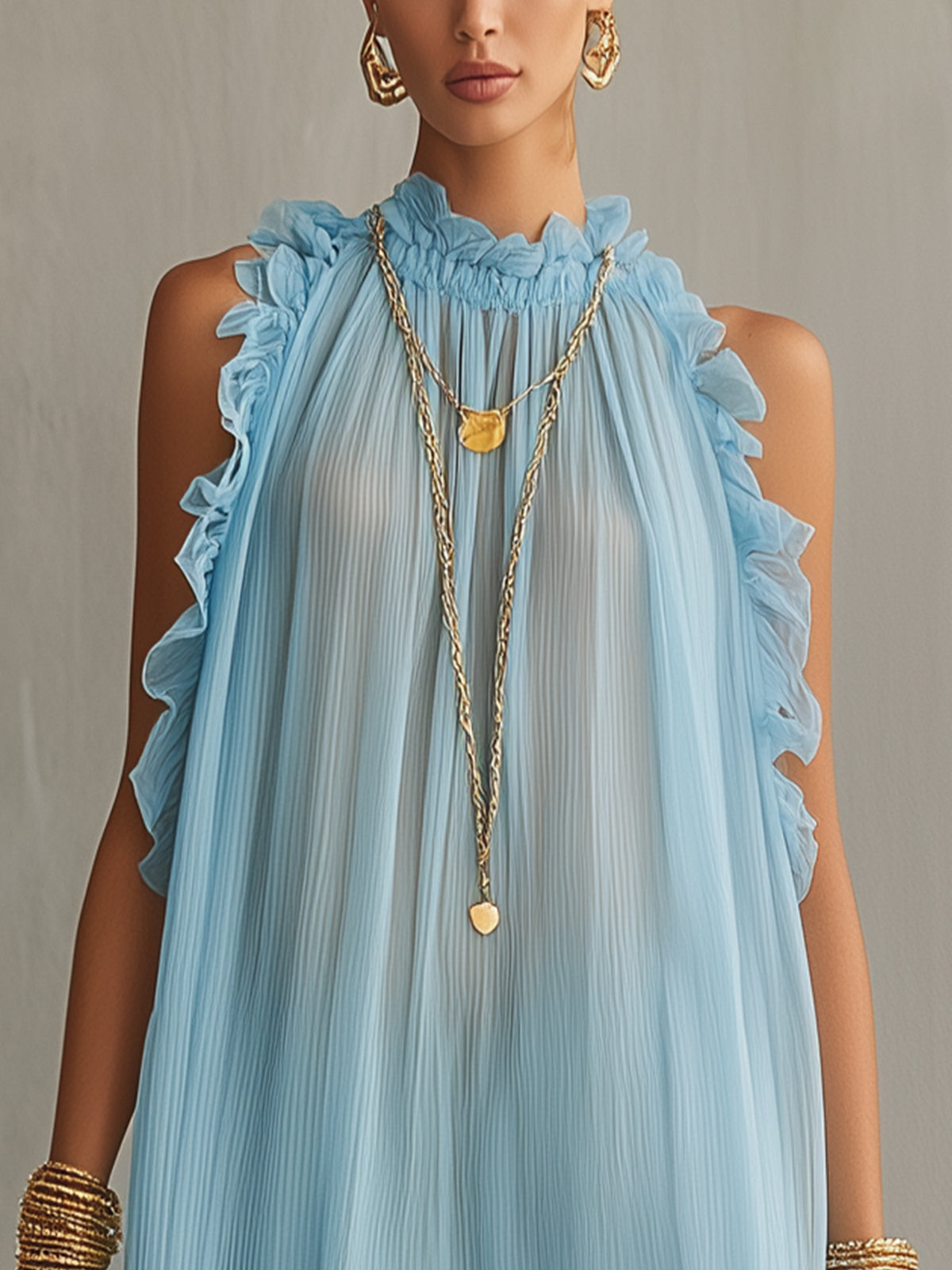 Light Blue Sleeveless Ruffled Pleated Chiffon Mini Dress