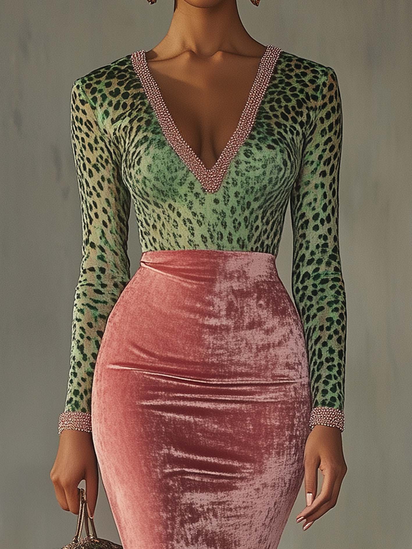 Różowa Aksamitna Sukienka Bodycon z Patchworkowym Wykończeniem i Wzorem Lamparta