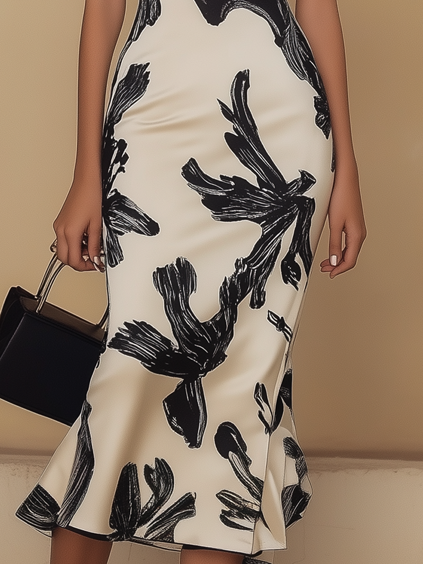 Beżowa Midi Sukienka Bodycon z Odkrytymi Ramionami i Eleganckim Czarnym Wzorem