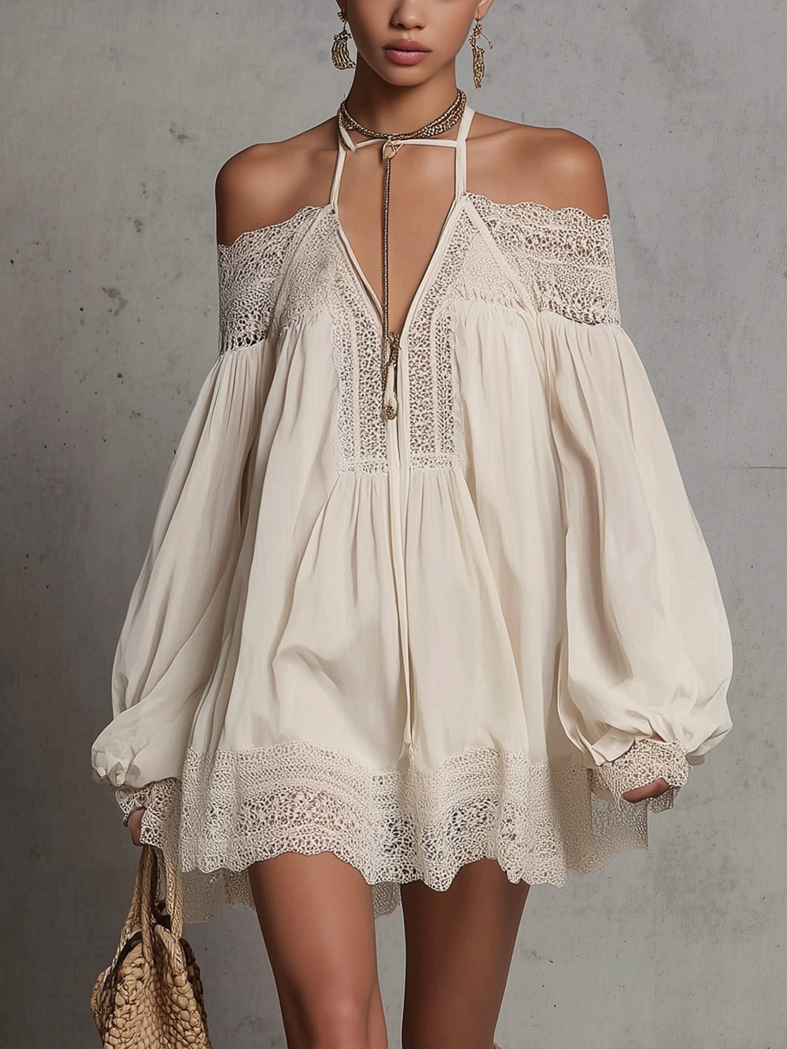 Ivory Off-Shoulder Chiffon Lace Mini Dress with Zip Closure