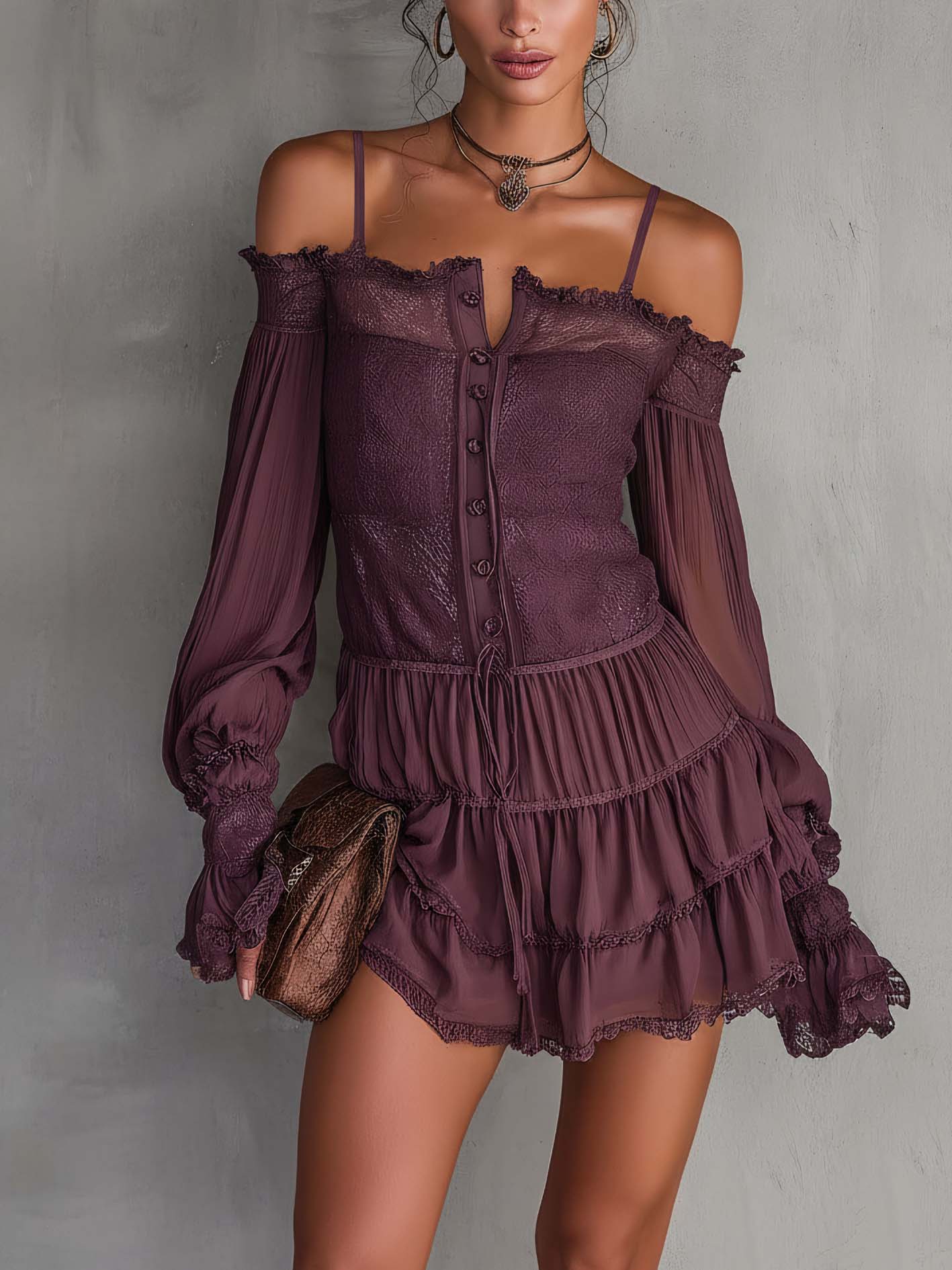 Rose Purple Chiffon Spaghetti Strap Ruffled Patchwork Mini Dress