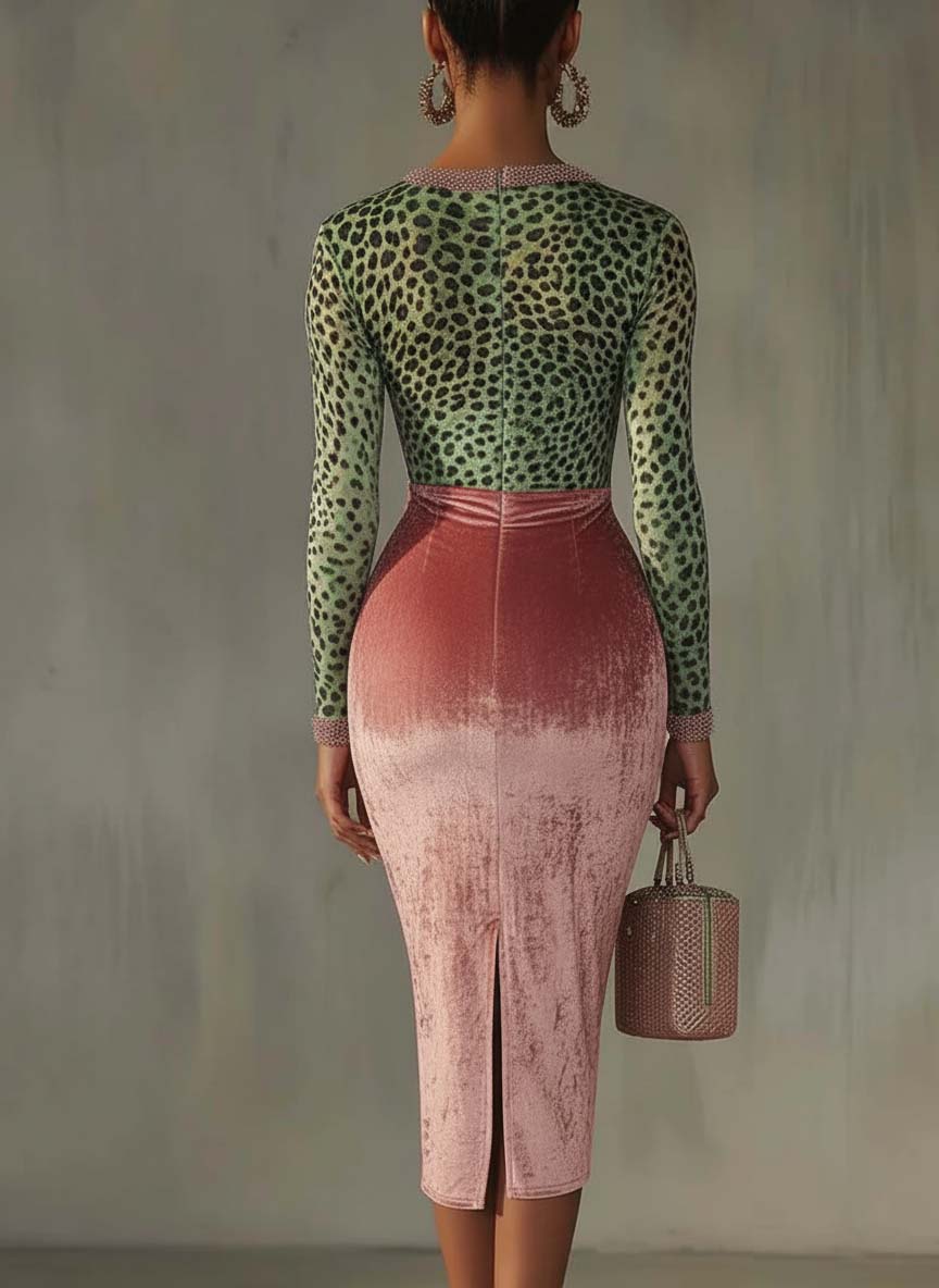 Różowa Sukienka Bodycon z Aksamitnego Materiału z Patchworkowym Wzorem Lamparta