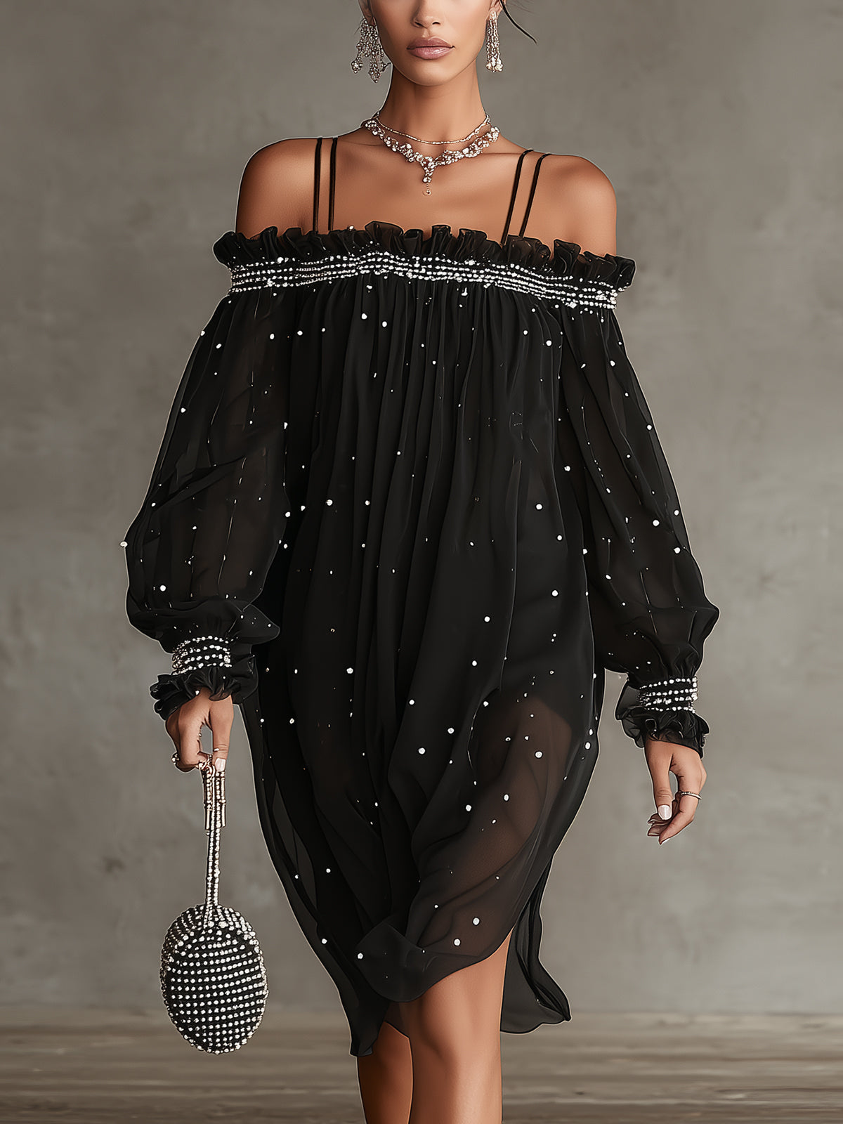 Black Off-Shoulder Pearl-Embellished Chiffon Dress