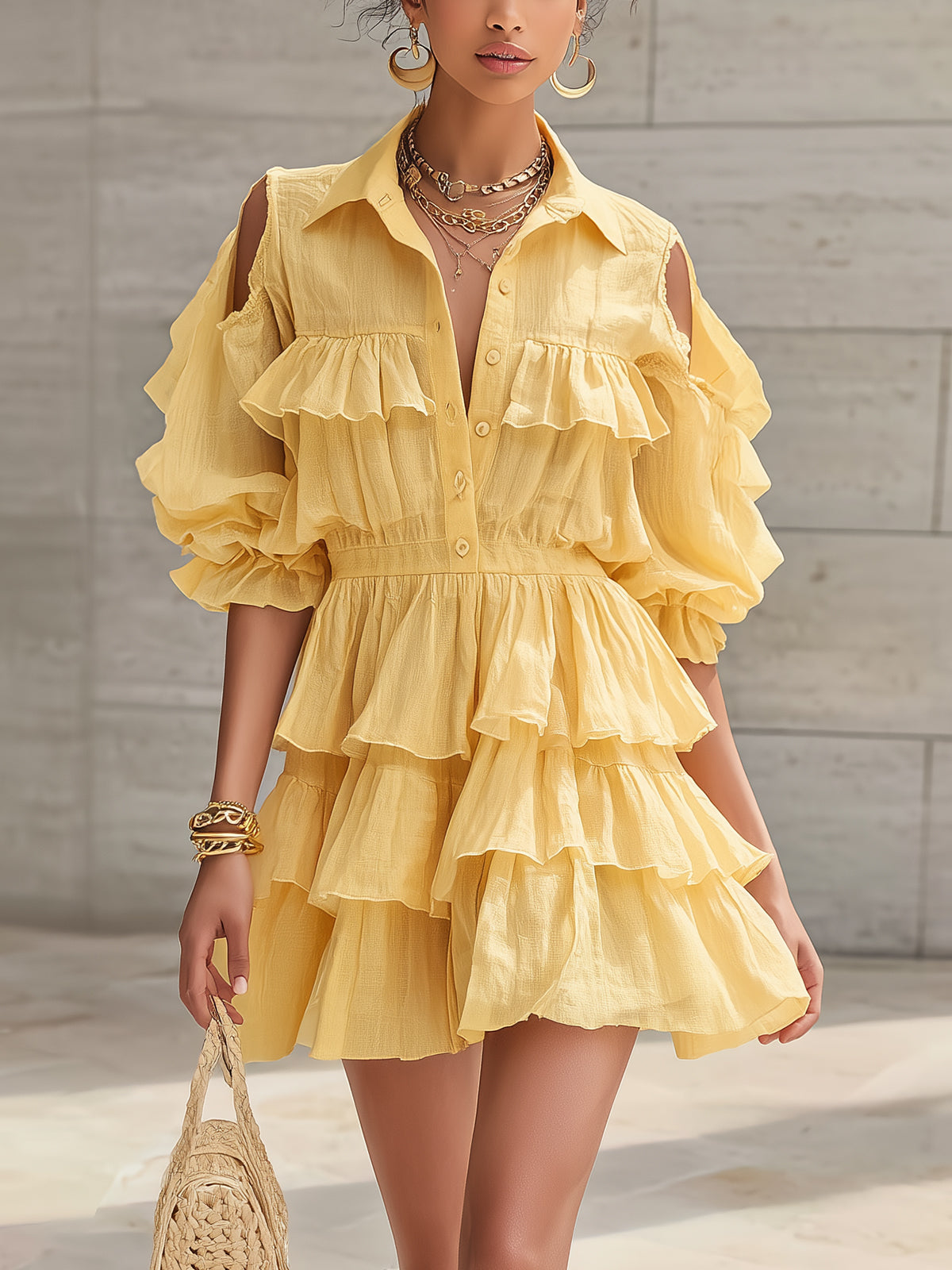 Yellow Ruffled Cold Shoulder Button Front Tiered Mini Dress