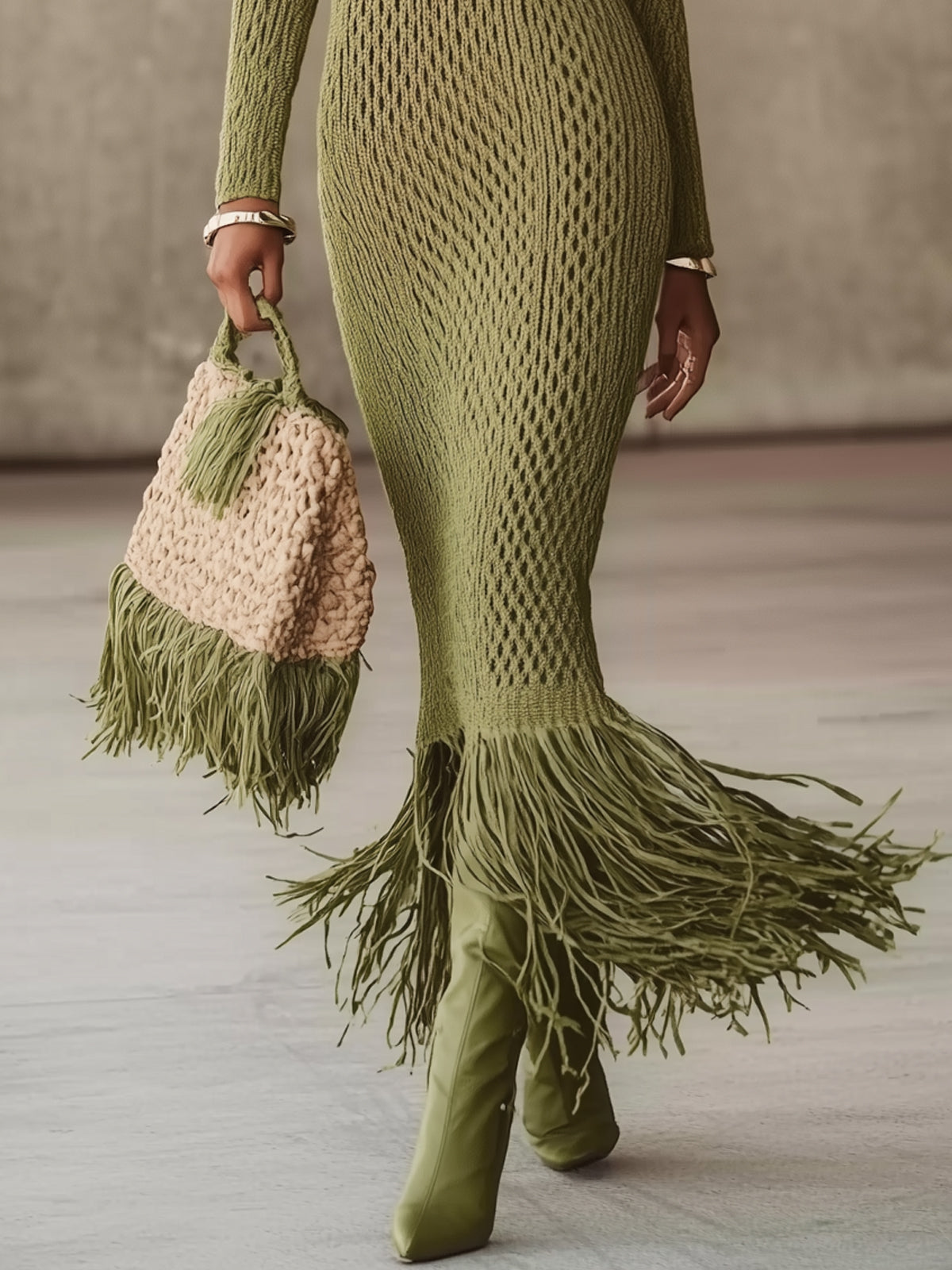Oliwkowa maxi sukienka bodycon z frędzlami - szybka wysyłka w 24 godziny