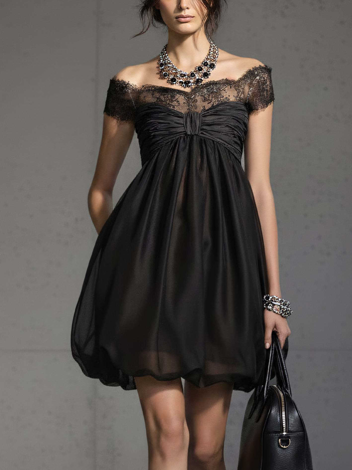 Black Off Shoulder Lace Trim Chiffon Mini Dress With Front Twist Detailing
