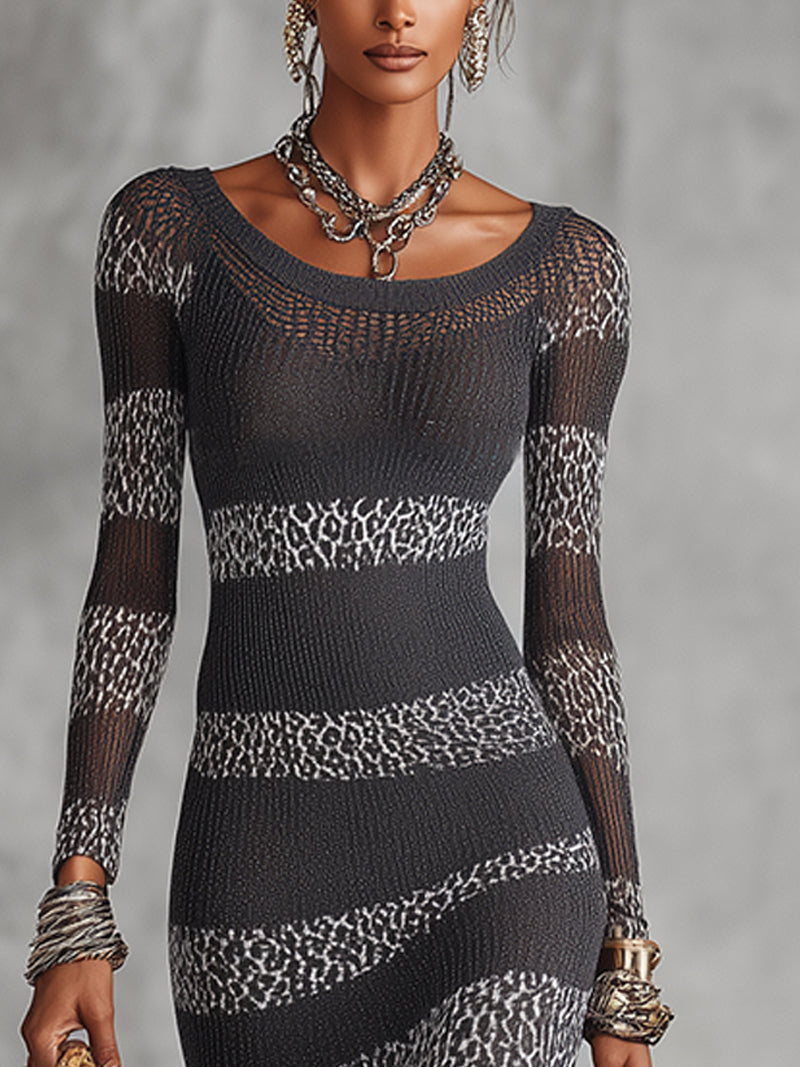 Szara i biała sukienka bodycon z dzianiny z leopardzim wzorem