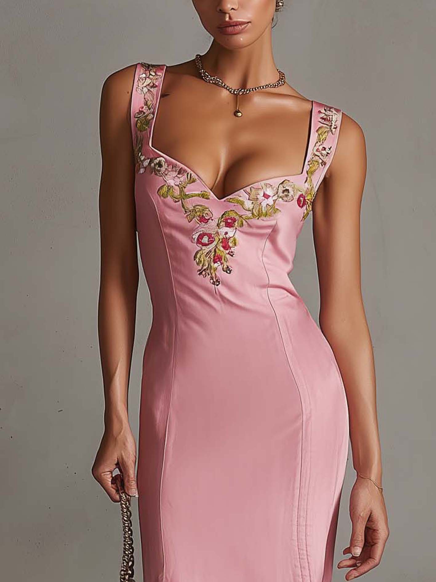 Vintage Embroidered Satin Pink Bodycon Dress With Side Slit