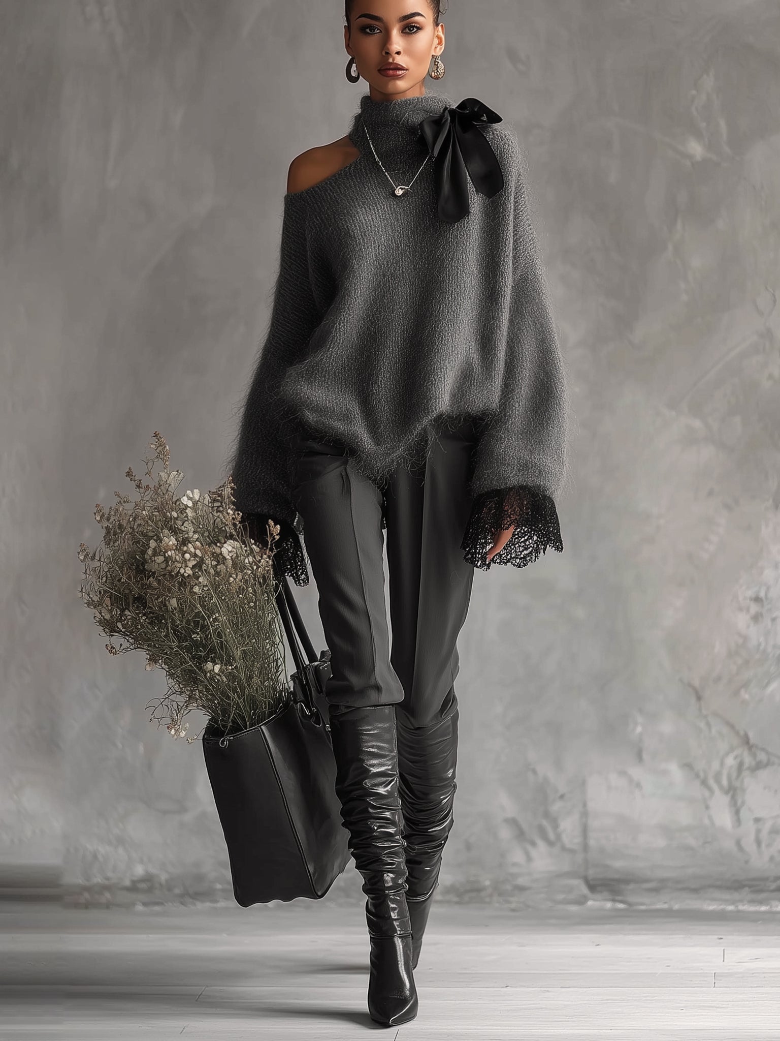 Elegancki szary sweter moherowy z delikatnymi koronkowymi mankietami