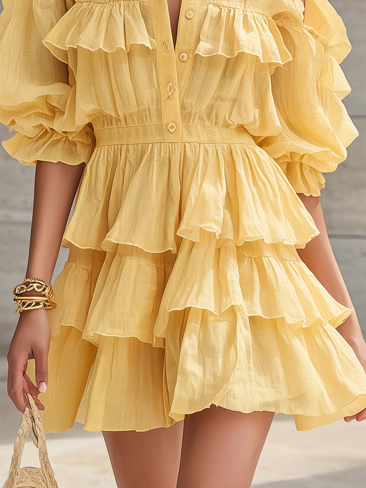Yellow Ruffled Cold Shoulder Button Front Tiered Mini Dress